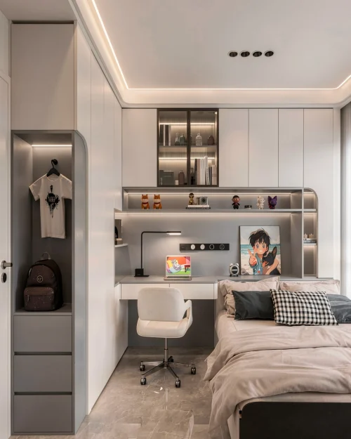 NB20 - Phòng Ngủ Trẻ Em Hiện Đại Màu Kem Hồng Kết Hợp Bàn Học Thông Minh