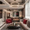 PK13: Phòng Khách Luxury Cao Cấp Với Gỗ Tối Màu, Trần Gương Và Đá Nguyên Khối