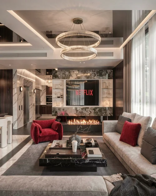 PK13: Phòng Khách Luxury Cao Cấp Với Gỗ Tối Màu, Trần Gương Và Đá Nguyên Khối