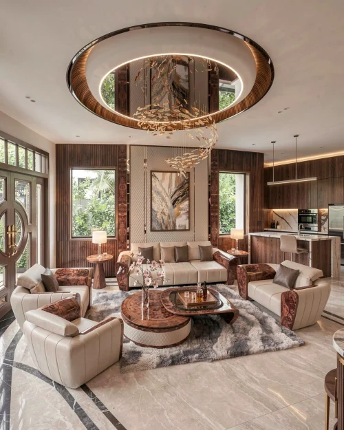 PK20: Phòng Khách Luxury Gỗ Óc Chó Kết Hợp Vật Liệu Cao Cấp