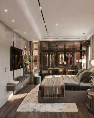 PN04 - Phòng Ngủ Luxury Màu Ghi Sáng Kết Hợp Màu Đen Sang Trọng