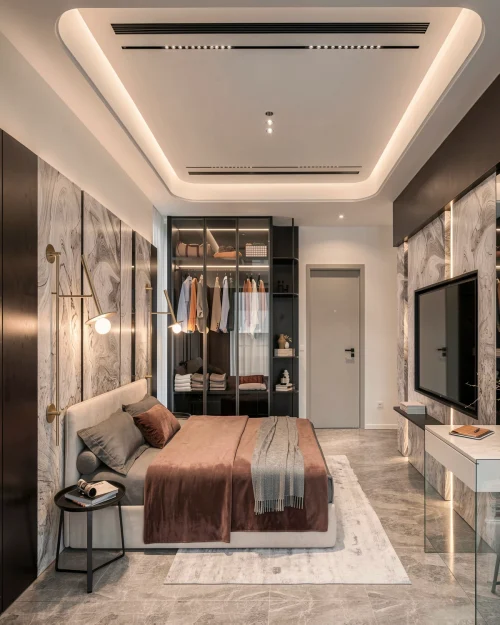 PN05 - Phòng Ngủ Modern Luxury Màu Đen Kết Hợp Vách Giả Đá Sang Trọng