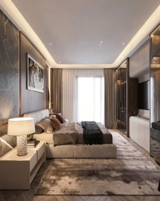 PN06 - Phòng Ngủ Hiện Đại Luxury Màu Gỗ Nâu Kết Hợp Tủ Kính Cao Cấp