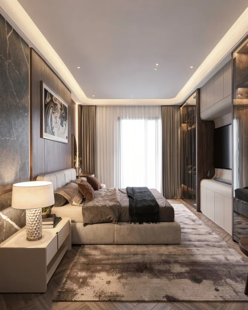 PN06 - Phòng Ngủ Hiện Đại Luxury Màu Gỗ Nâu Kết Hợp Tủ Kính Cao Cấp
