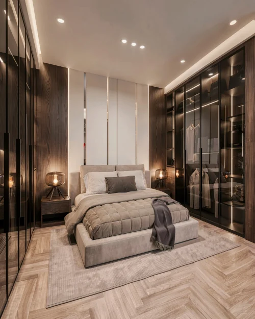 PN12 - Phòng Ngủ Modern Luxury Vân Gỗ Đen Kết Hợp Đá Vân Mây Cao Cấp