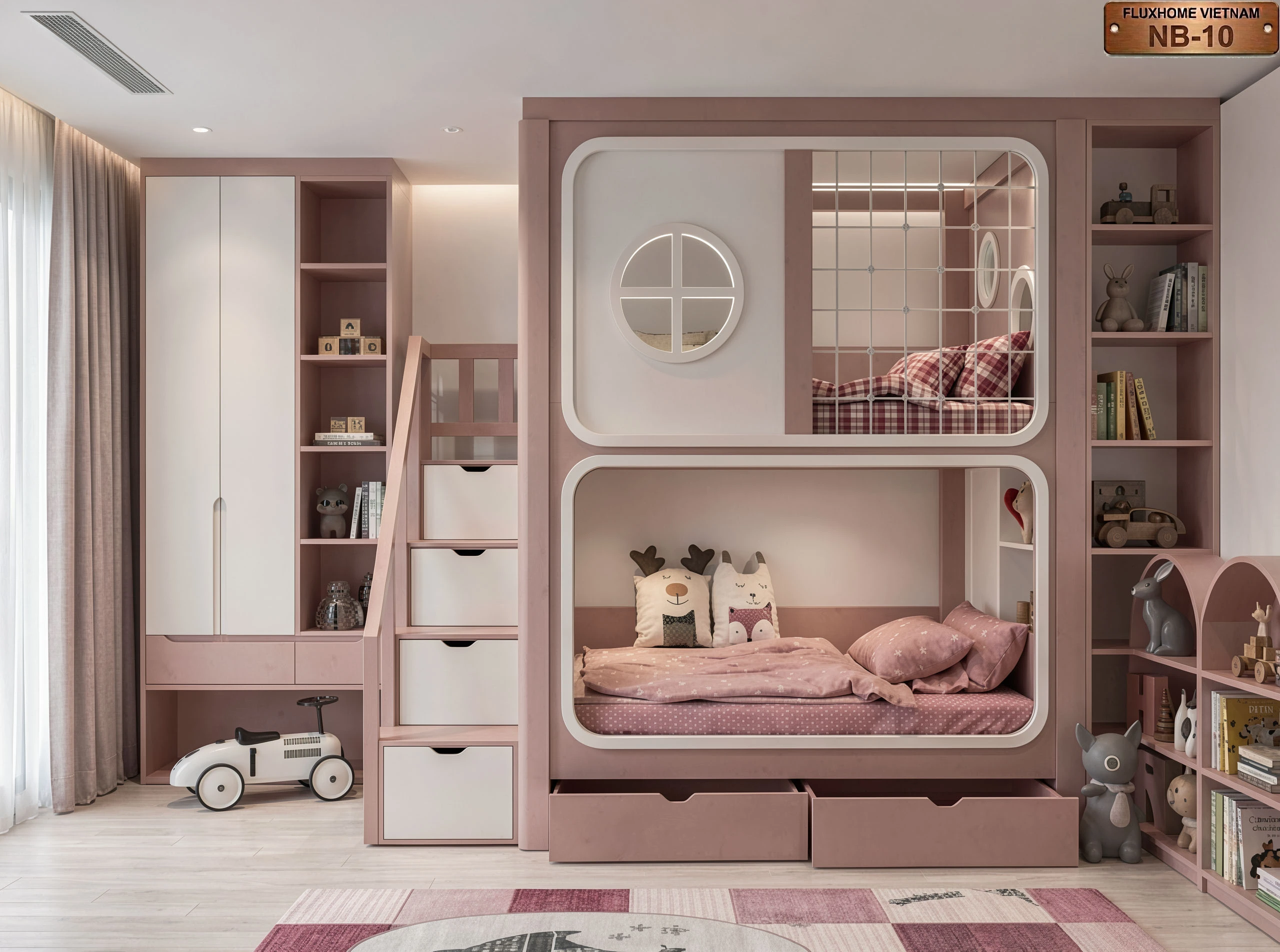 Hệ thống bậc thang lên xuống tích hợp các hộp ngăn kéo lưu trữ đồ chơi gọn nắp