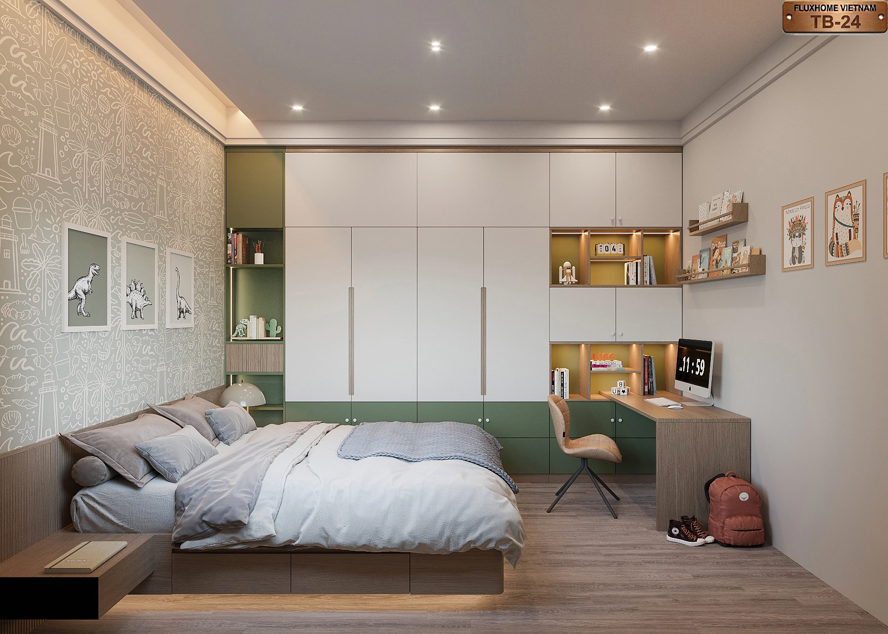 Thiết kế góc bàn học liền tủ quần áo kịch trần mẫu NB24