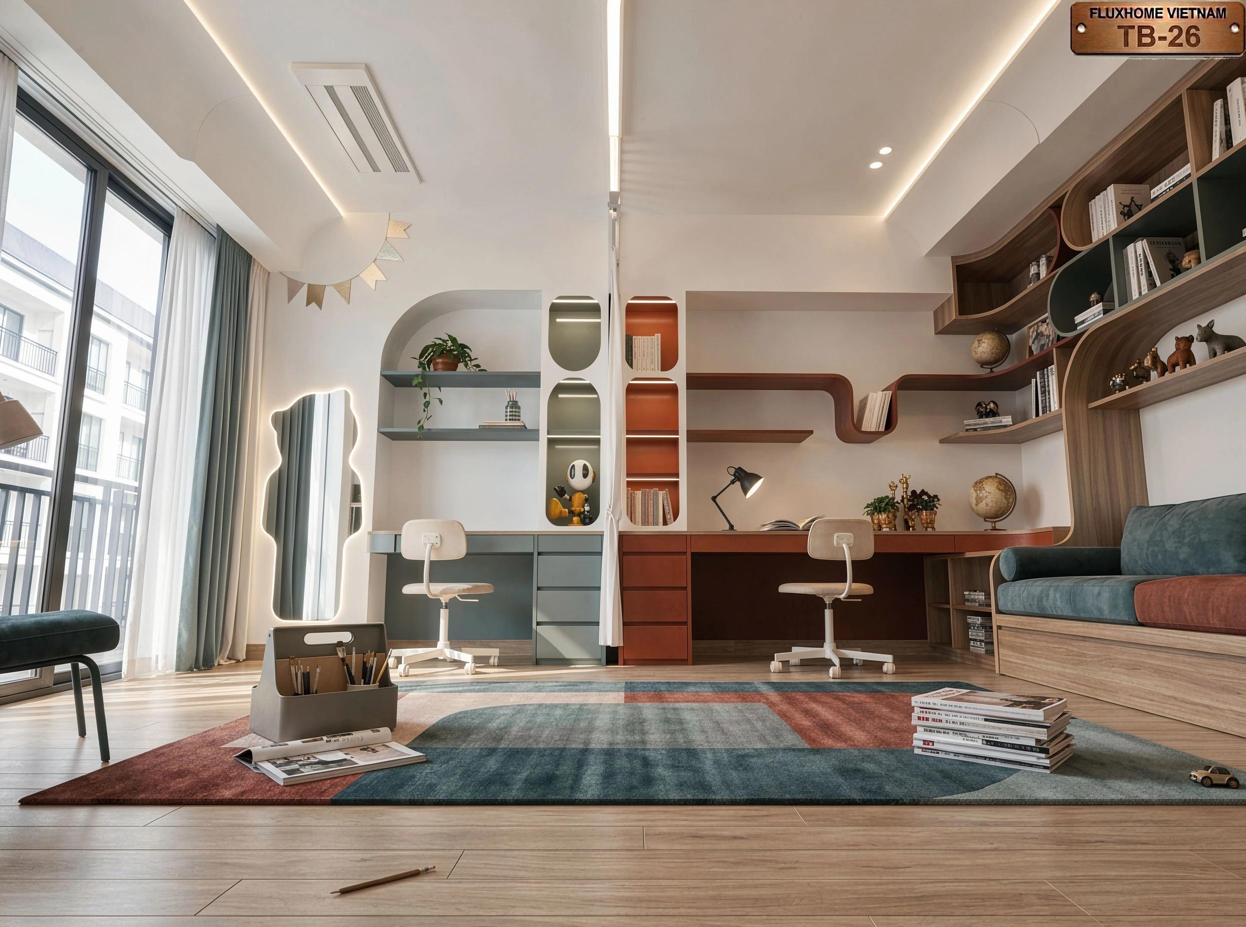 Chi tiết góc bàn học và ghế sofa giường bọc nỉ cao cấp mẫu NB26