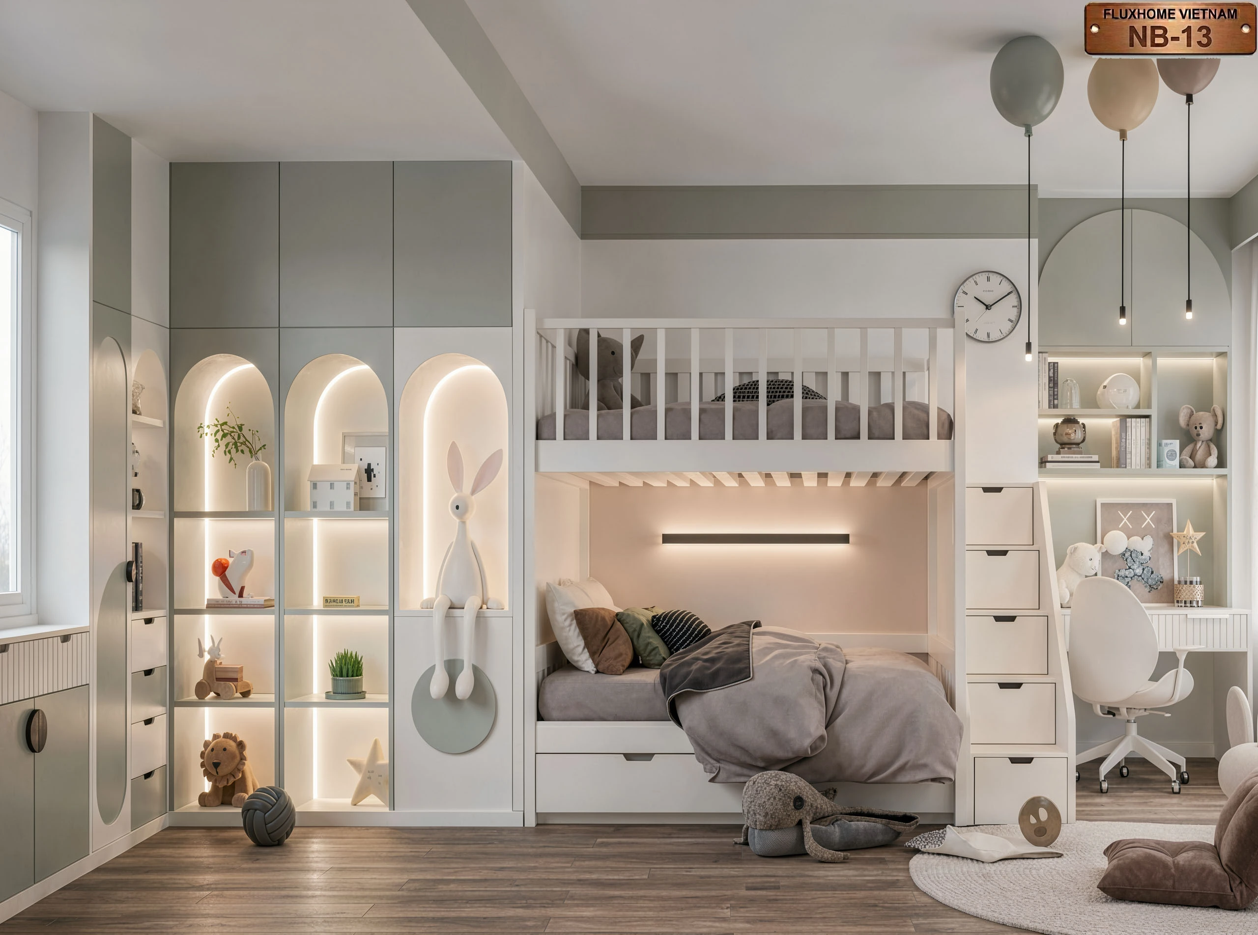 Thiết kế giường ngủ liền khối kết hợp màu sắc vui tươi năng động mẫu NB13