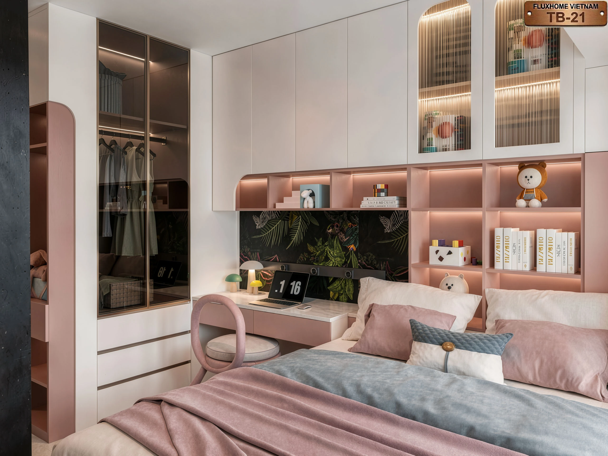 Thiết kế tủ quần áo cánh kính khung nhôm liền bàn học mẫu NB21