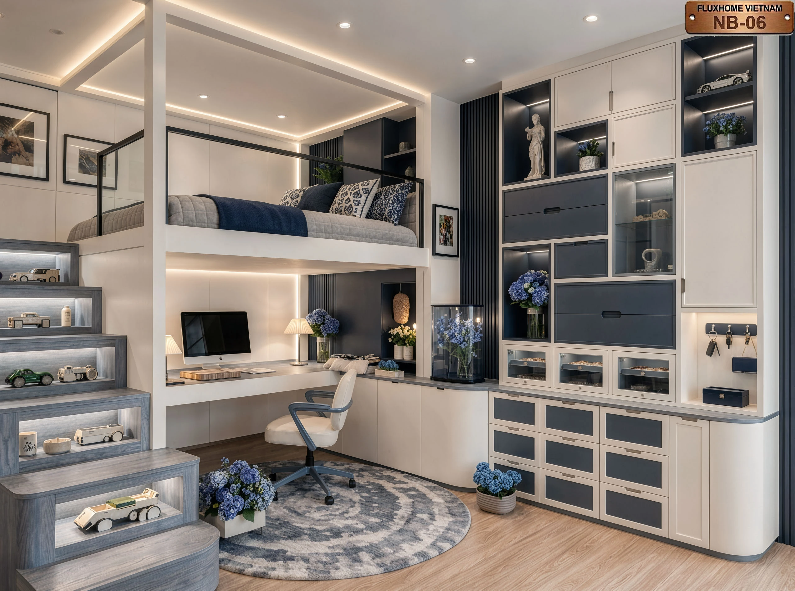 Mẫu kệ sách treo tường chia nhiều ô ngăn đợt âm dải đèn LED hiện đại bảo vệ thị lực
