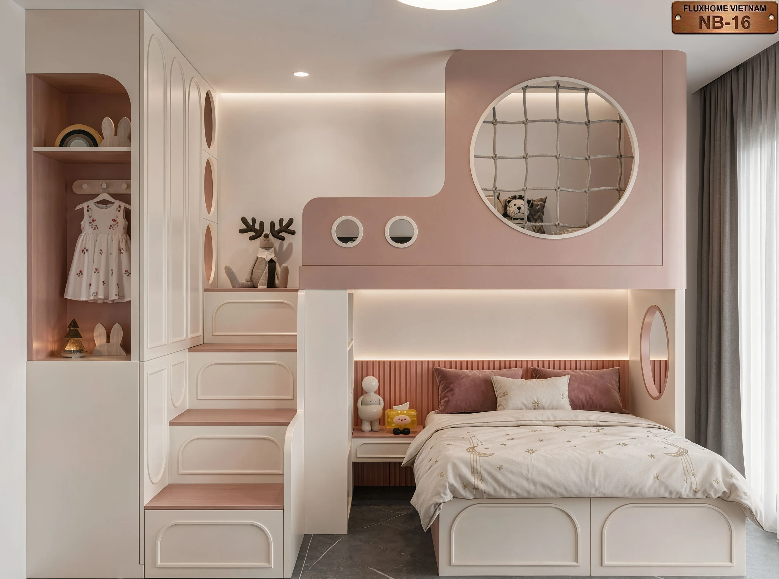 Nội thất phòng ngủ bé gái thông minh với giường tầng và tủ áo kịch trần Fluxhome Việt Nam