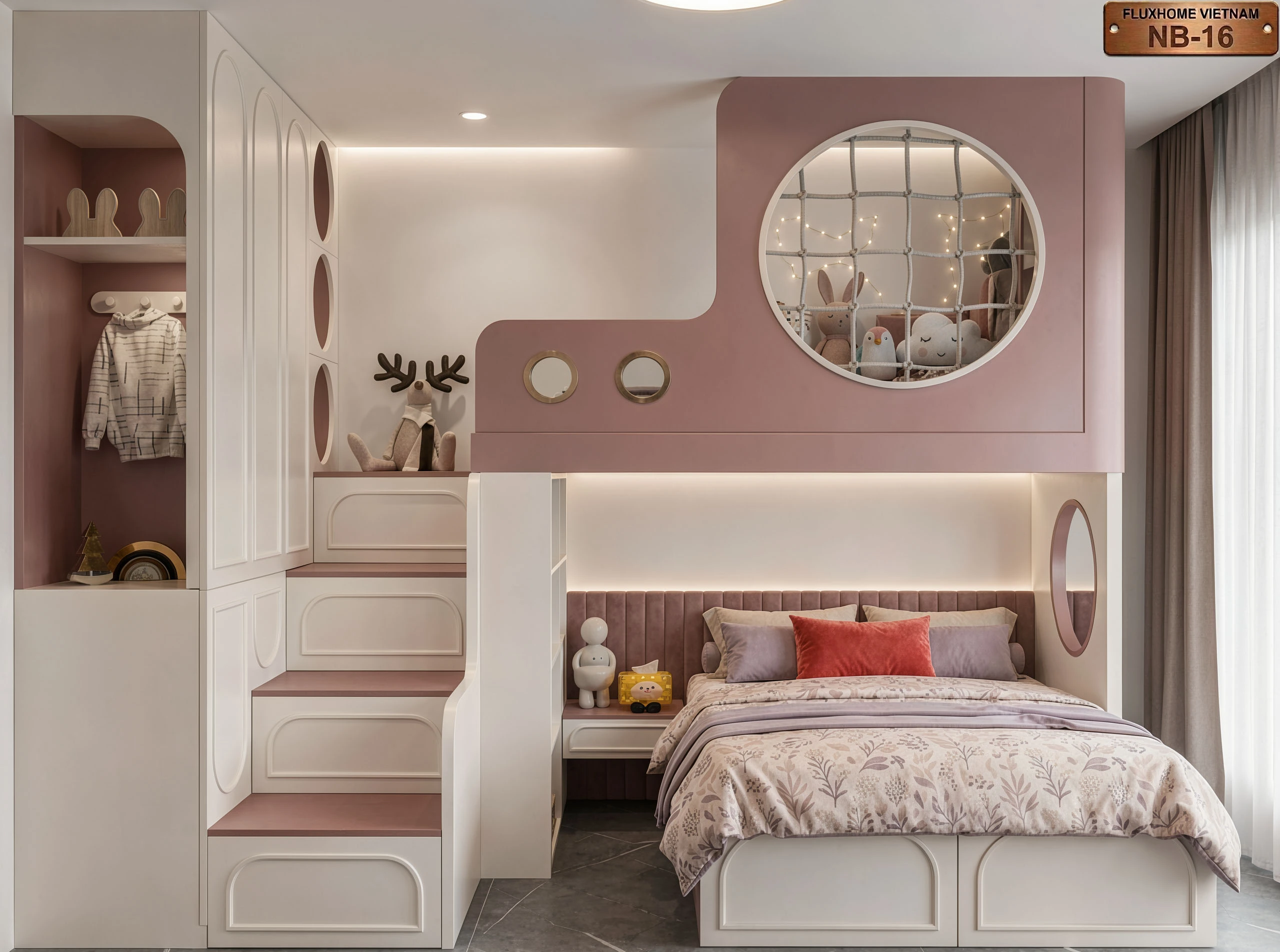 Phòng ngủ bé gái hiện đại với giường tầng tích hợp khu vui chơi Fluxhome Việt Nam