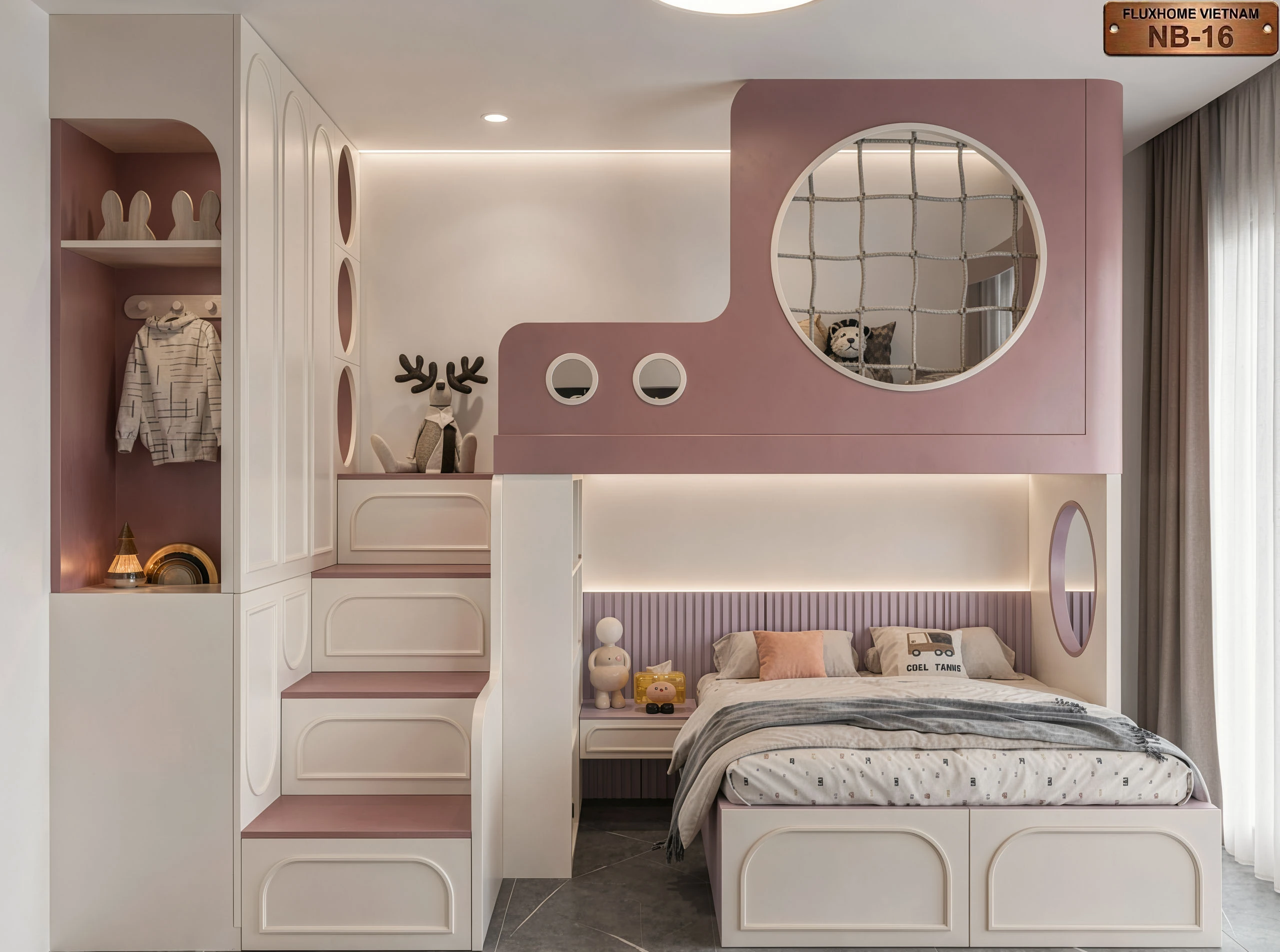 Phòng ngủ trẻ em giường tầng màu hồng pastel thiết kế thông minh Fluxhome Việt Nam