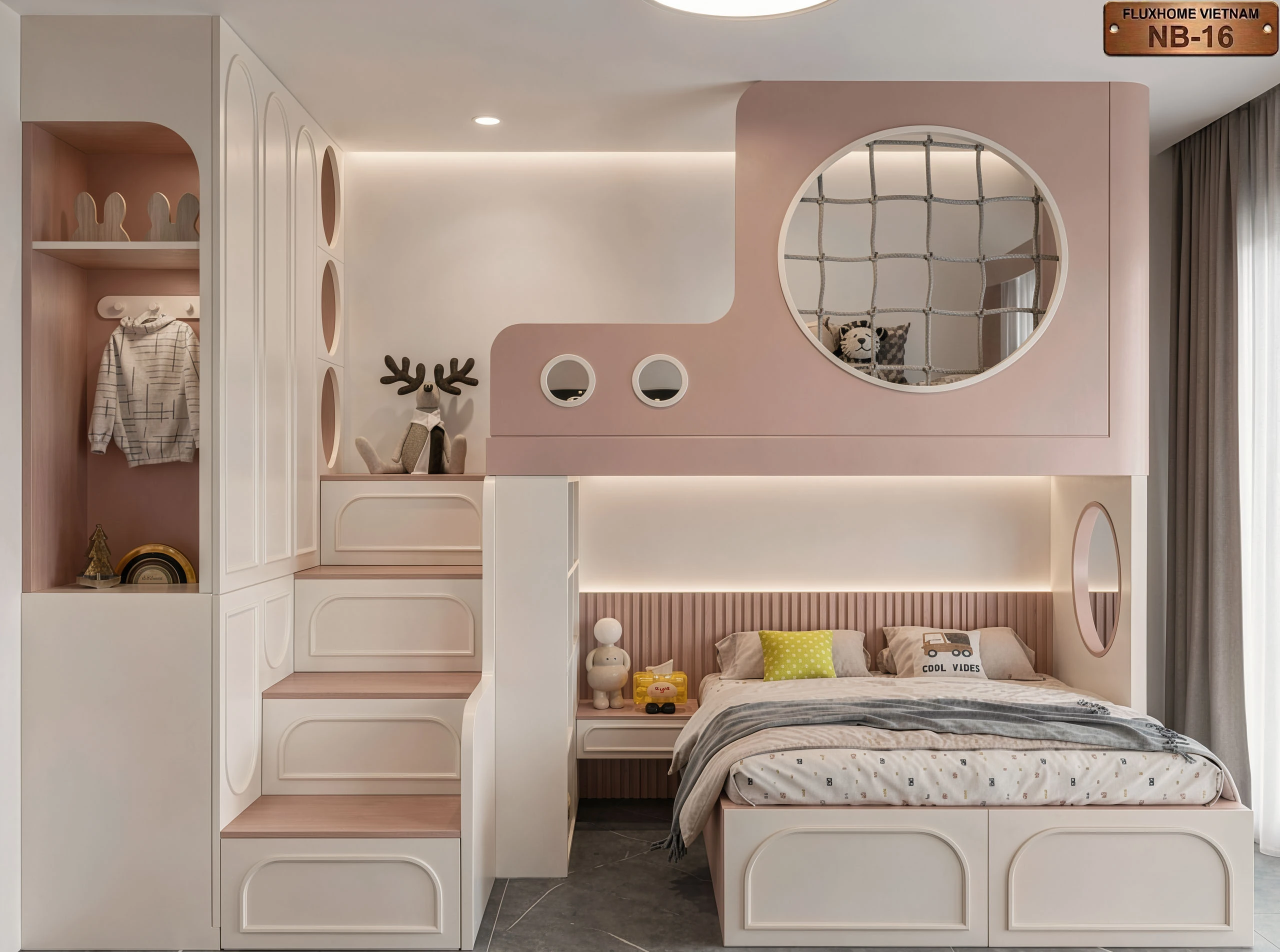 Thiết kế phòng ngủ trẻ em màu hồng pastel sang trọng và đáng yêu Fluxhome Việt Nam