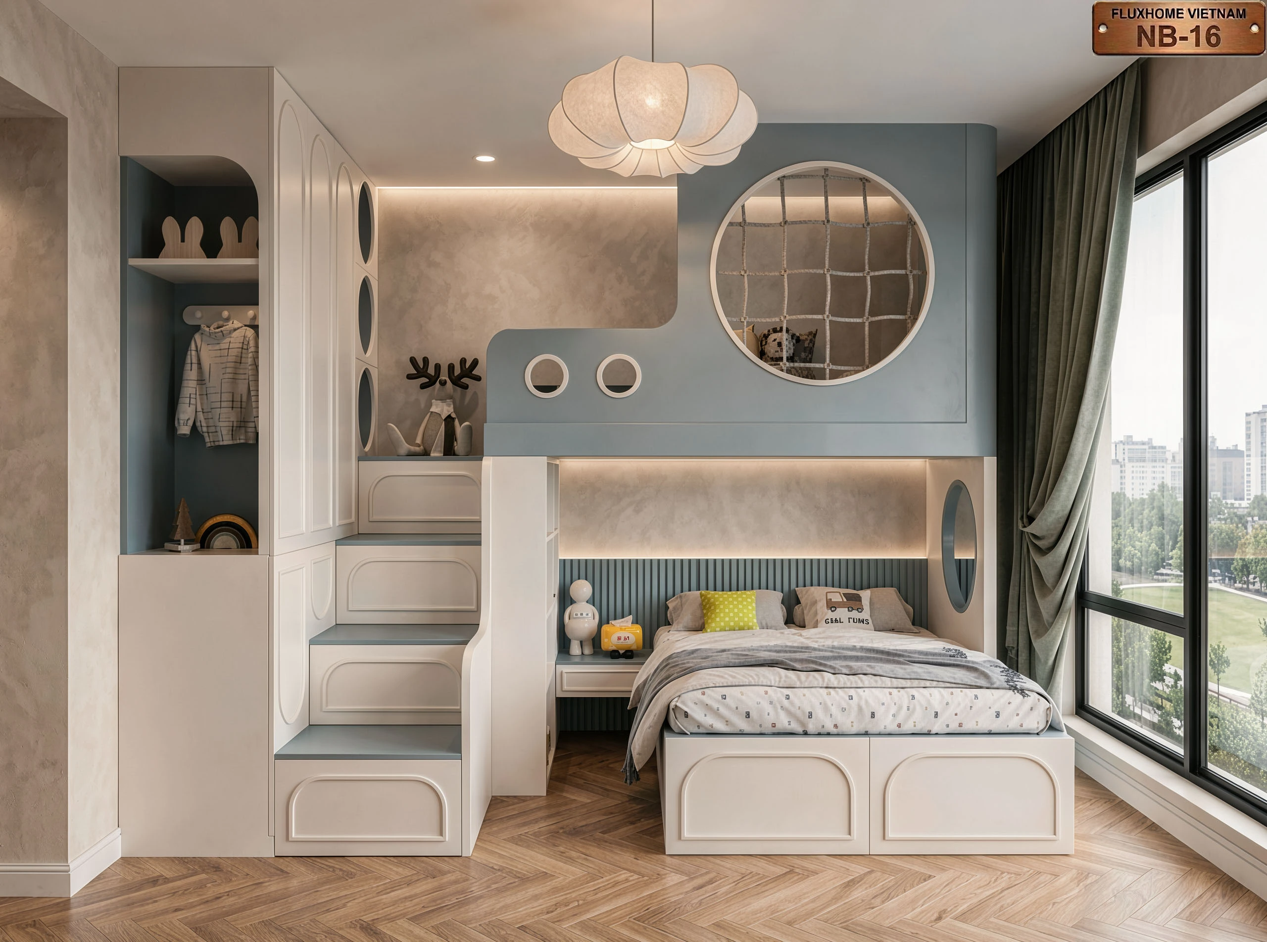 Phòng ngủ trẻ em màu xanh pastel thiết kế giường tầng hiện đại Fluxhome Việt Nam