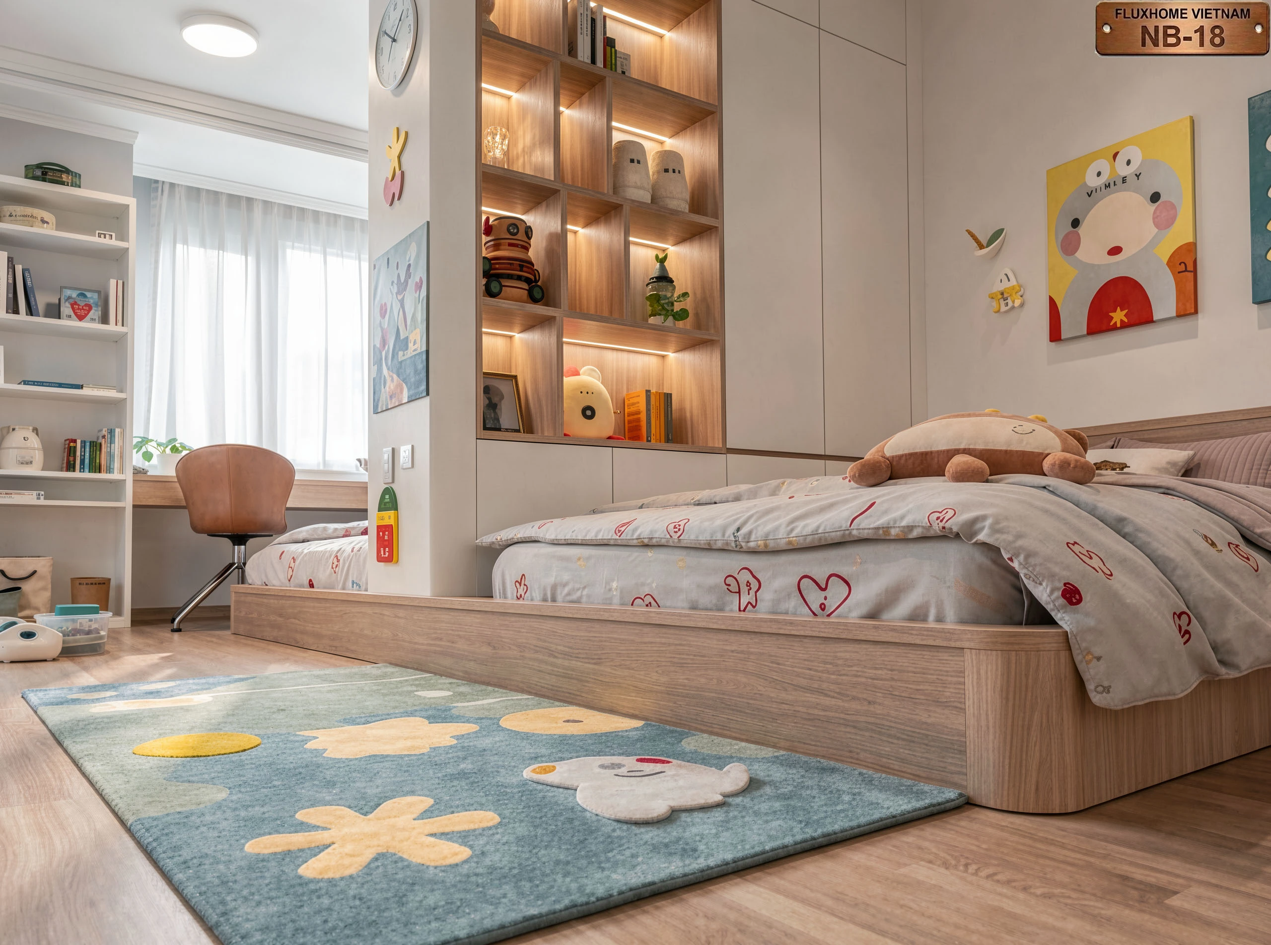Thiết kế phòng ngủ cho hai bé với kệ trang trí đèn LED và giường ngủ gỗ hiện đại Fluxhome Việt Nam