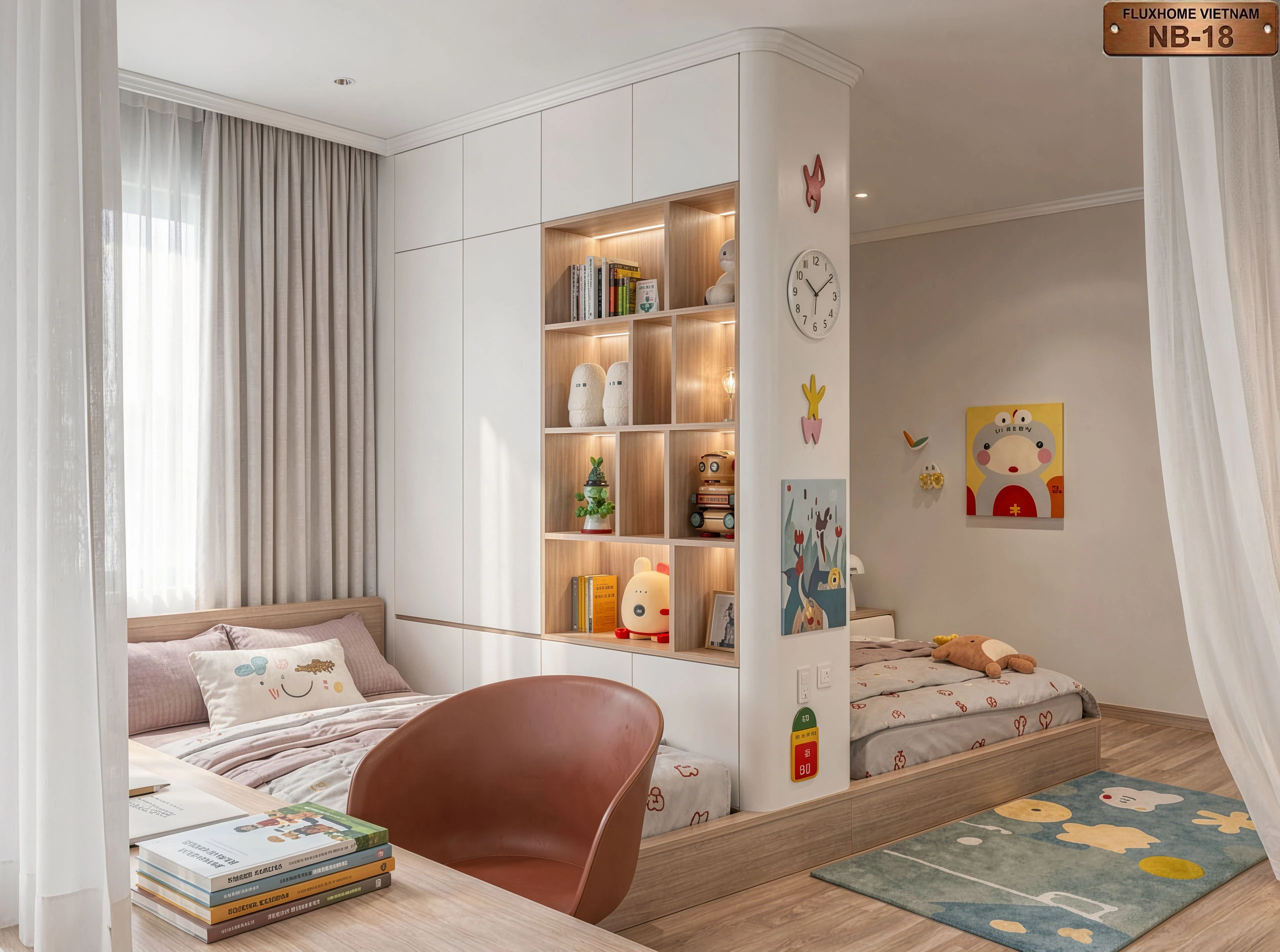 Phòng ngủ trẻ em có bàn học liền cửa sổ và hệ tủ lưu trữ thông minh Fluxhome Việt Nam
