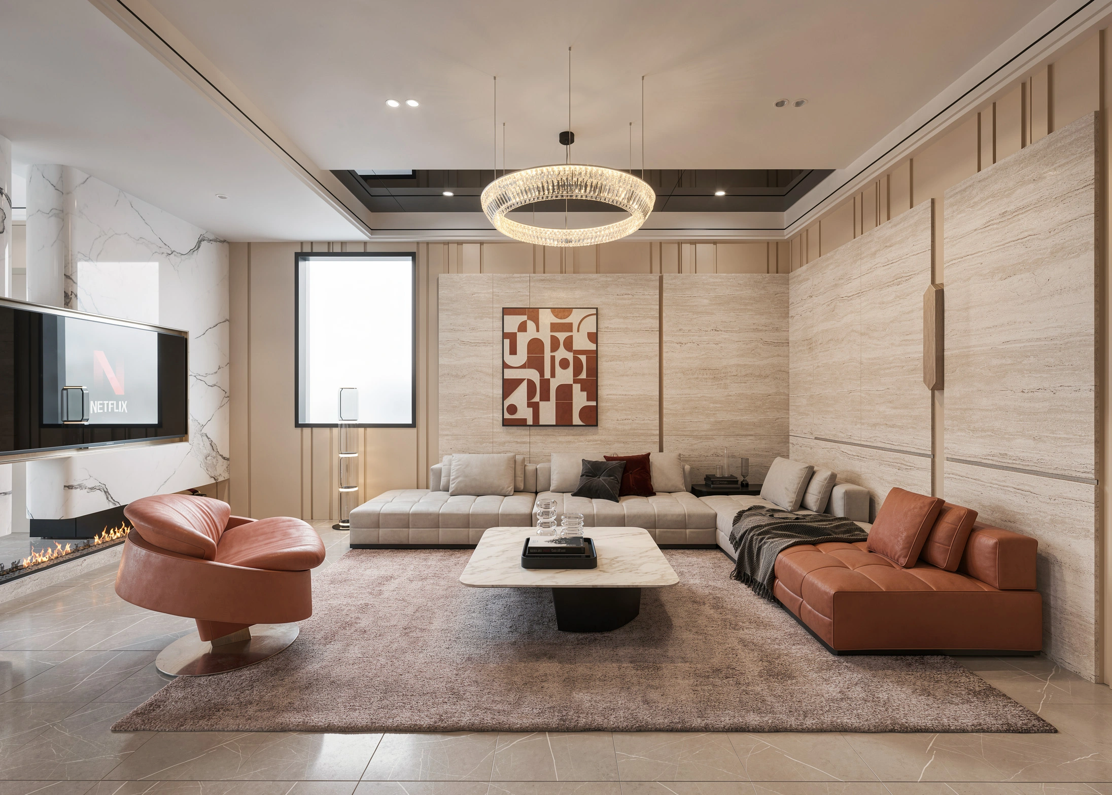 Thiết kế nội thất phòng khách tông màu be trẻ trung thanh lịch của Fluxhome
