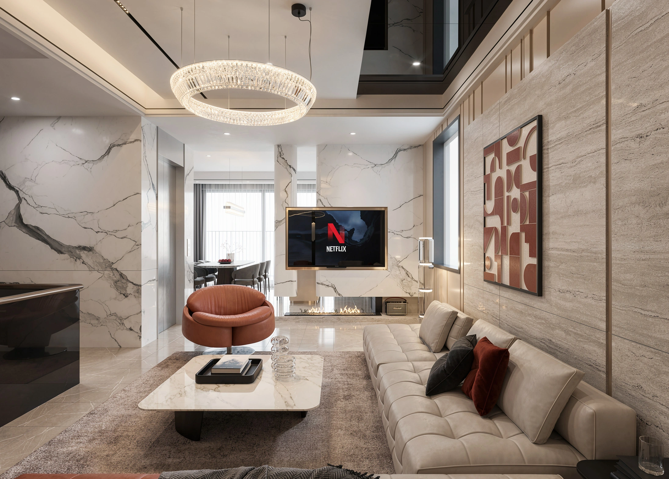 Vách tường ốp đá vân Travertine cao cấp trong không gian phòng khách Fluxhome