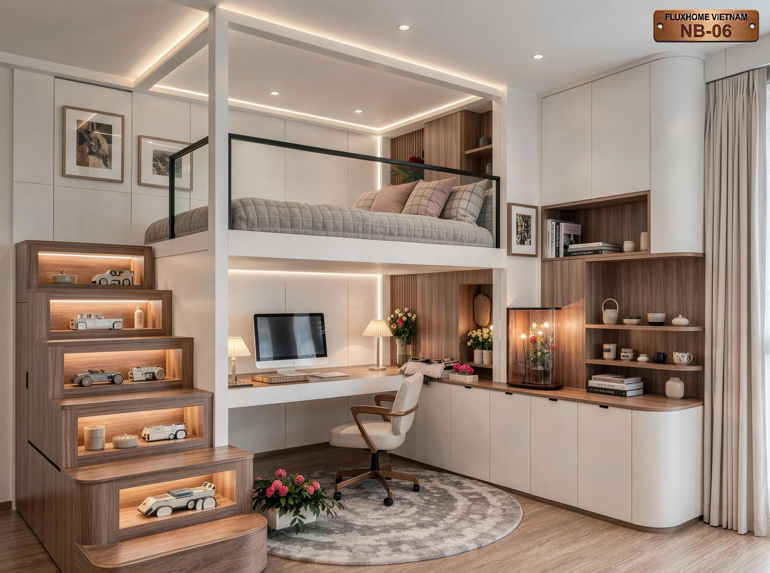 Phối cảnh góc rộng không gian nội thất phòng ngủ giường tầng đa năng gọn gàng NB06