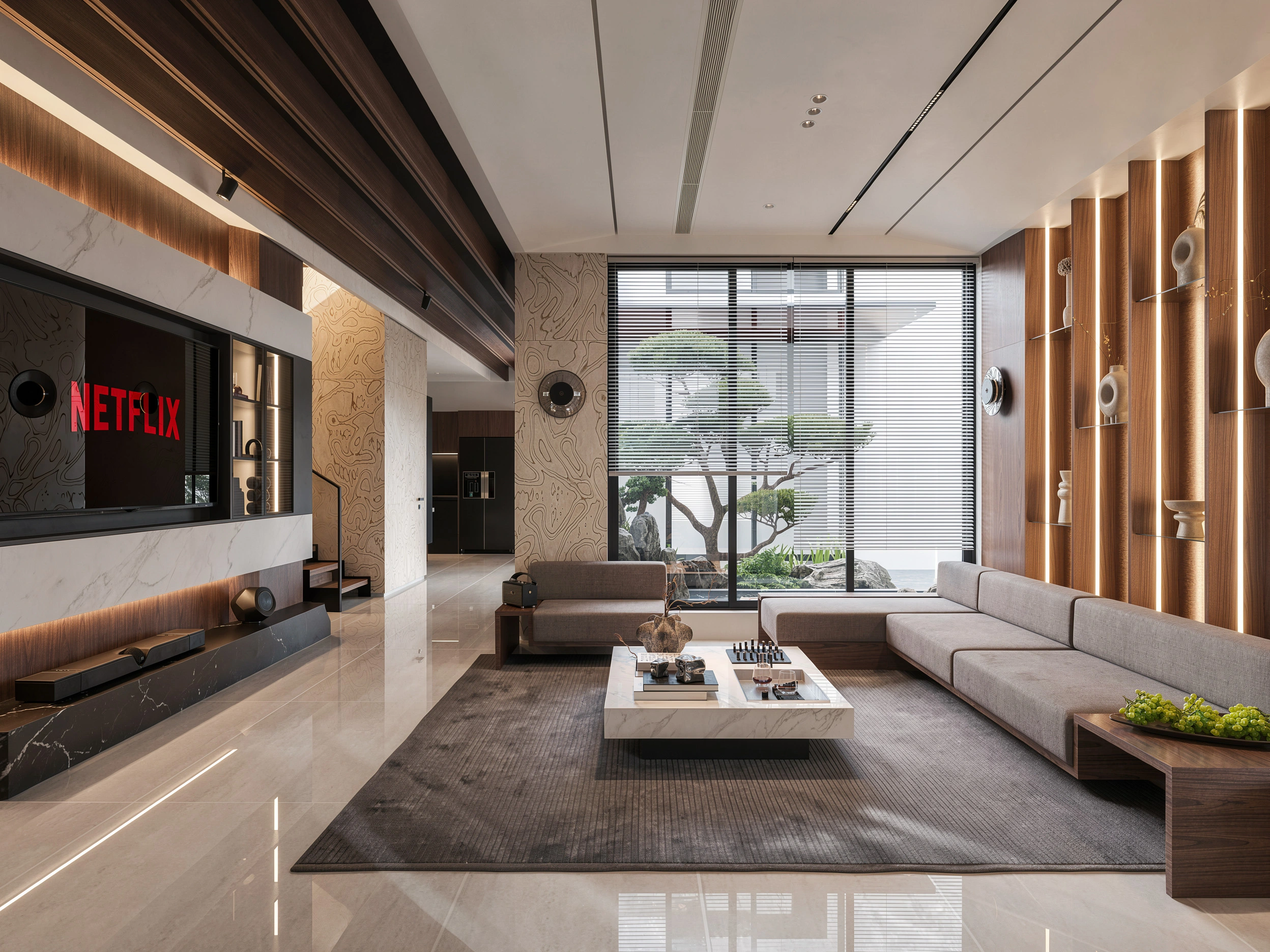 Bộ ghế sofa bọc nỉ cao cấp tone màu trung tính trong không gian phòng khách PK01