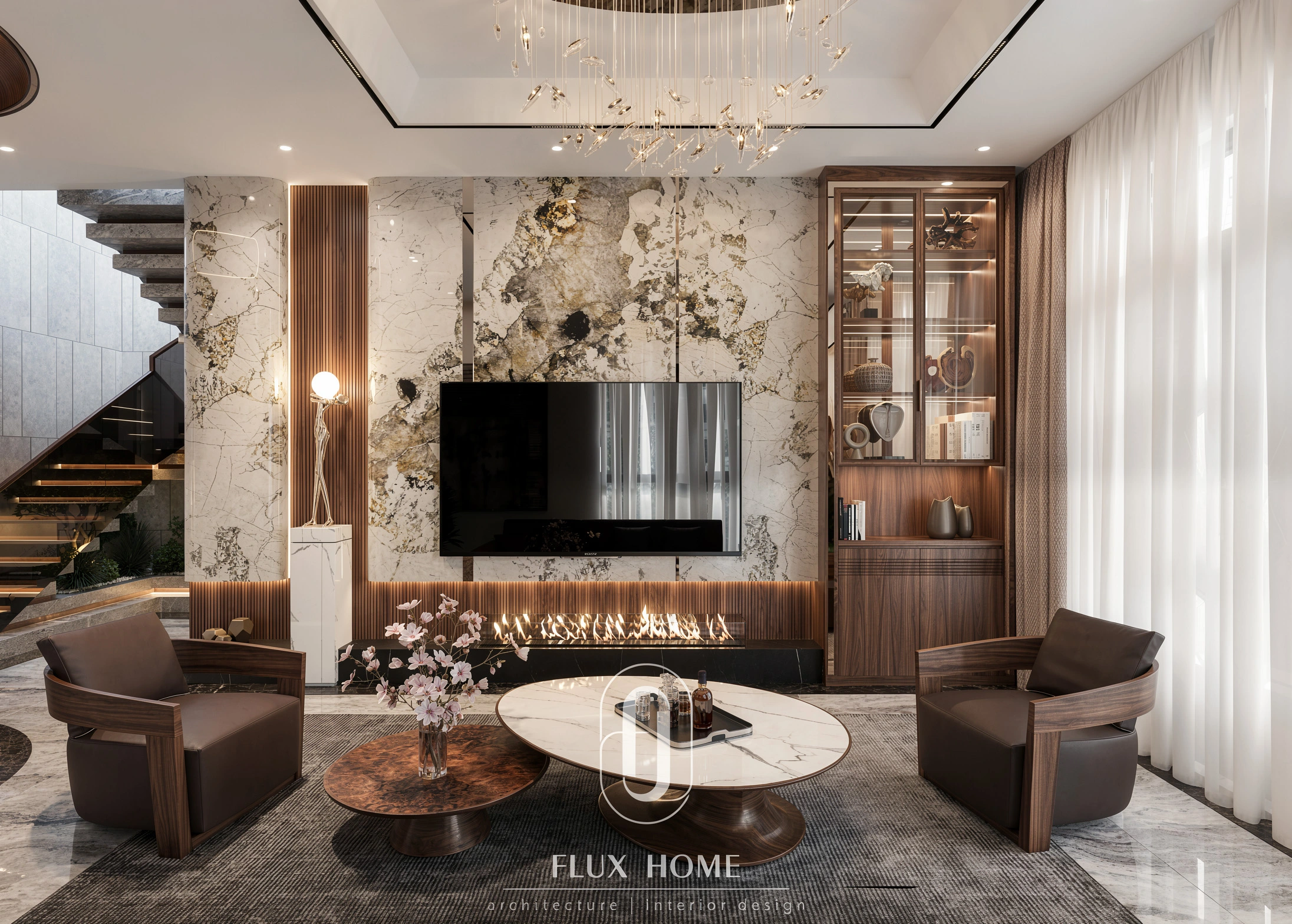 Mẫu thiết kế phòng khách villa sang trọng với gam màu ấm áp đẳng cấp bậc nhất từ Fluxhome