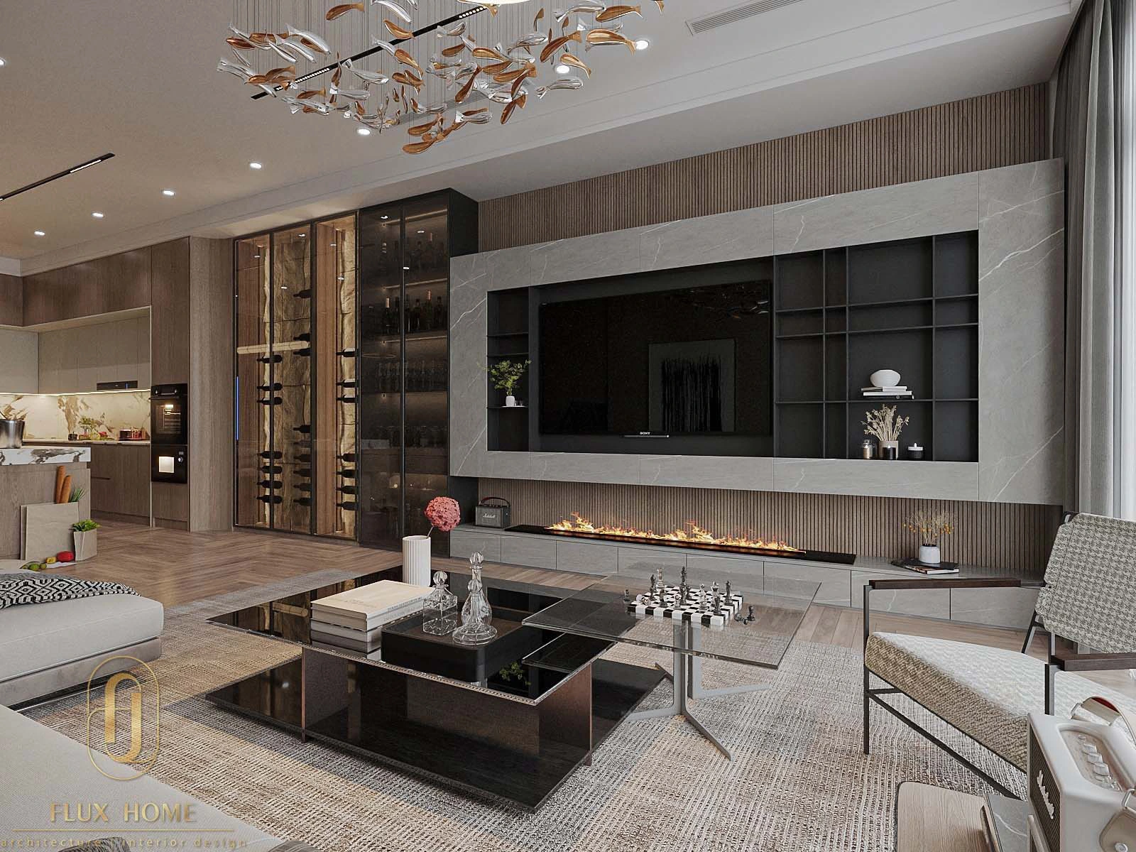 Mẫu thiết kế phòng khách nhà ống với gam màu trung tính xu hướng mới từ Fluxhome