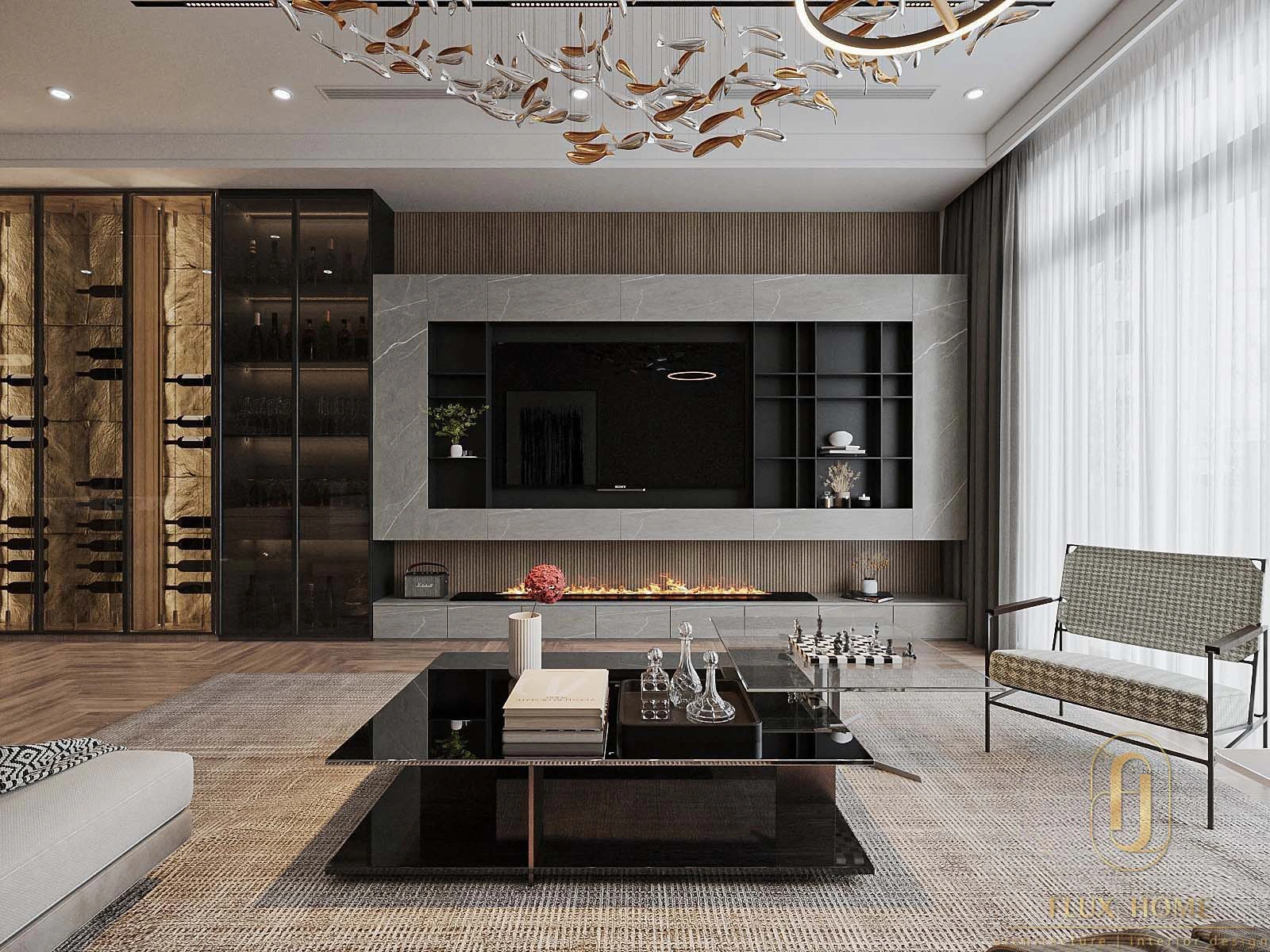 Thiết kế vách tivi kịch trần phẳng tối giản màu kem khói tinh tế tại Fluxhome
