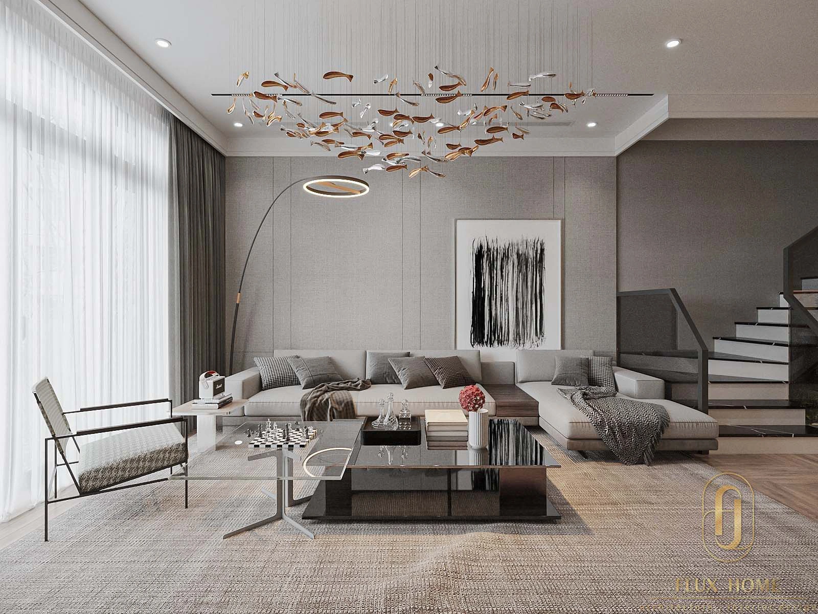 Bộ ghế sofa bọc nỉ cao cấp màu xám beige thanh lịch trong phòng khách PK04