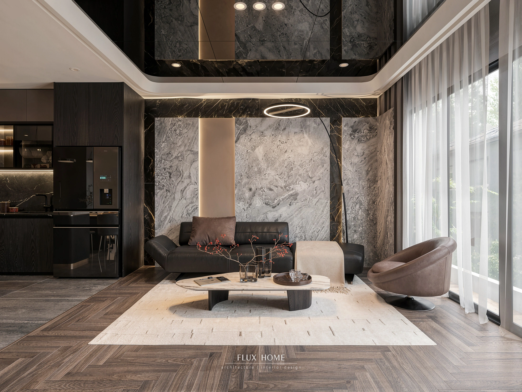 Fluxhome chuyên thiết kế thi công trọn gói nội thất phòng khách liền bếp nhà ống uy tín