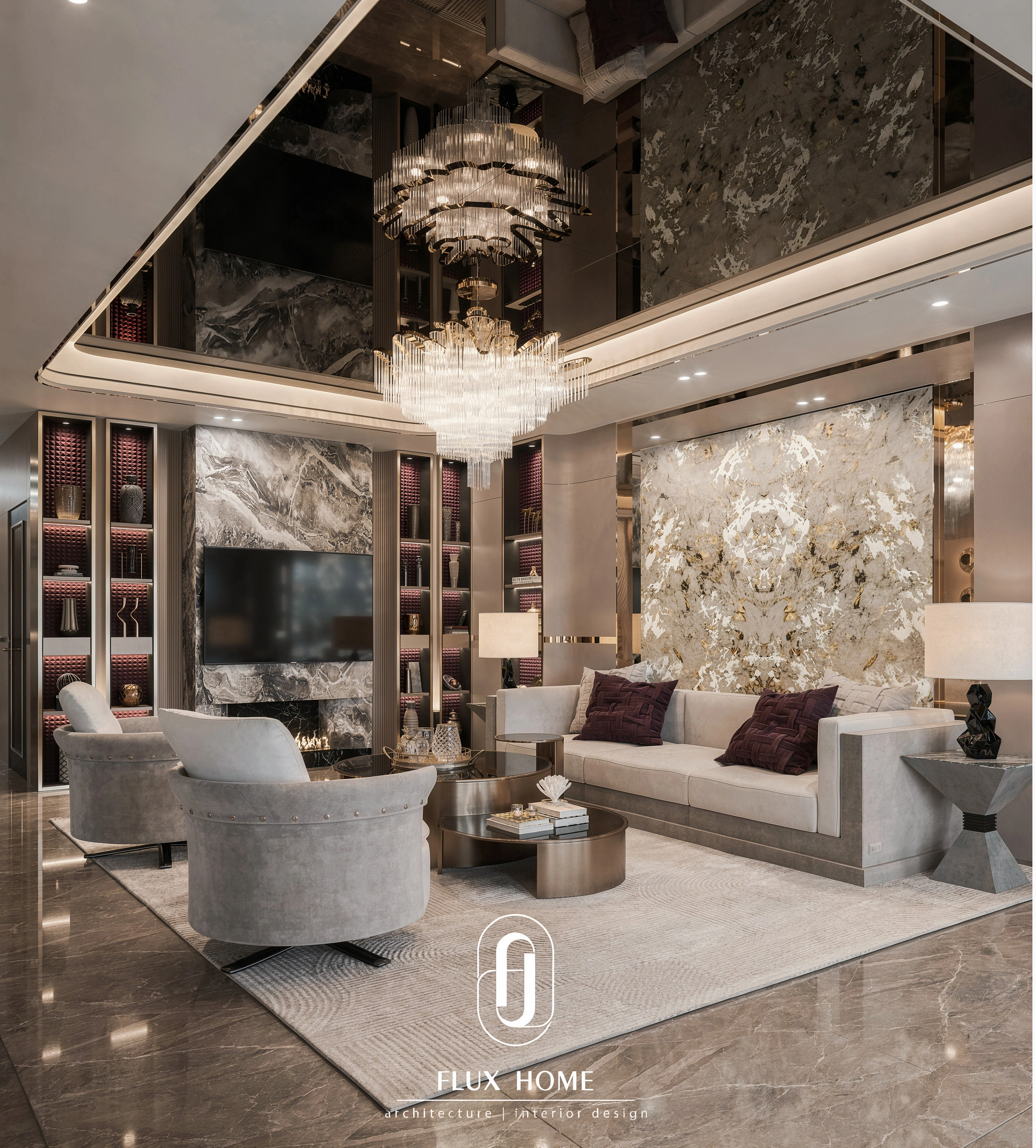 Bộ ghế sofa phom dáng bo tròn organic bọc vải cao cấp trong không gian Fluxhome