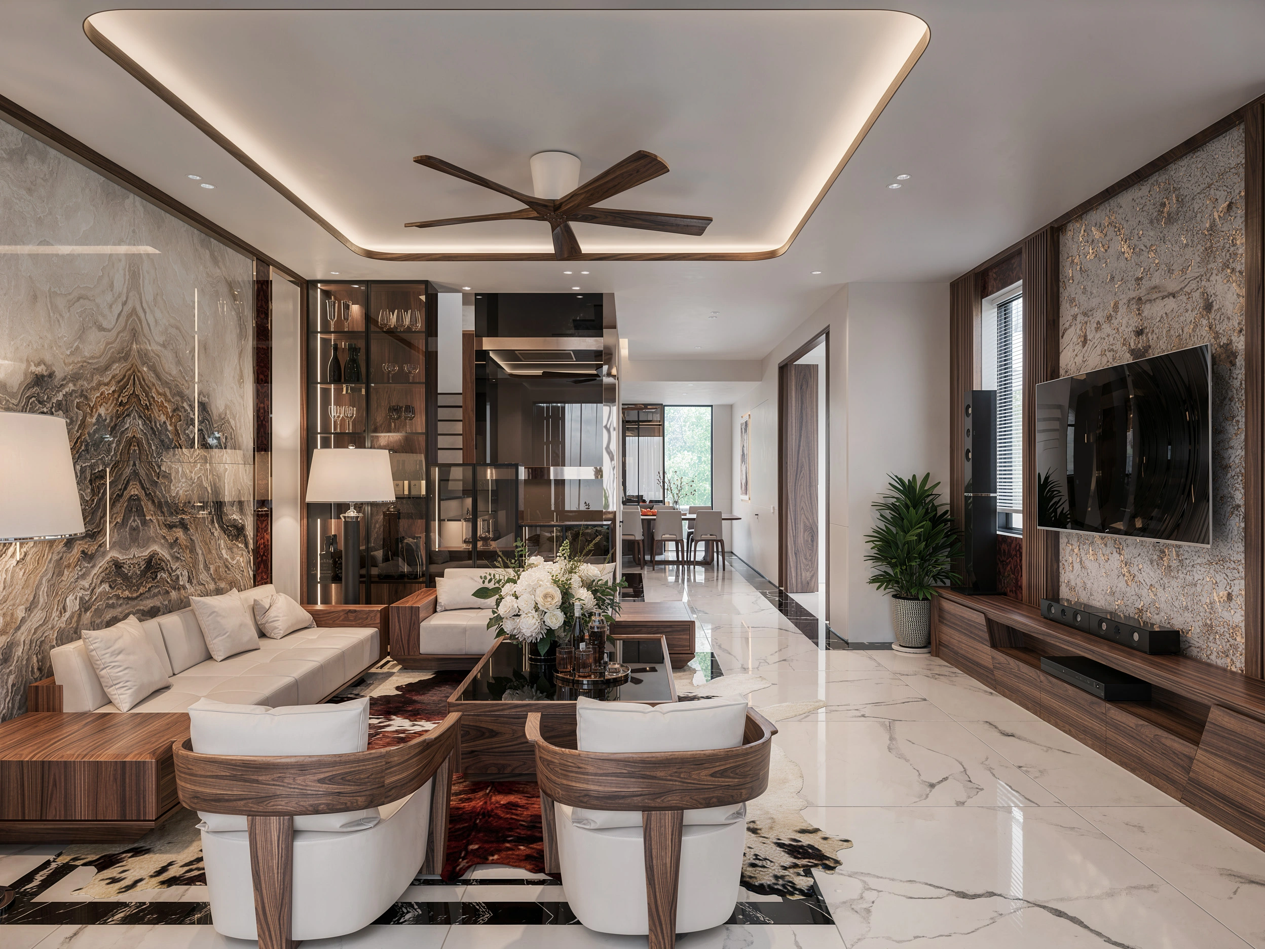 Mẫu thiết kế phòng khách nhà phố hiện đại có cầu thang máy kính ở giữa sang trọng từ Fluxhome
