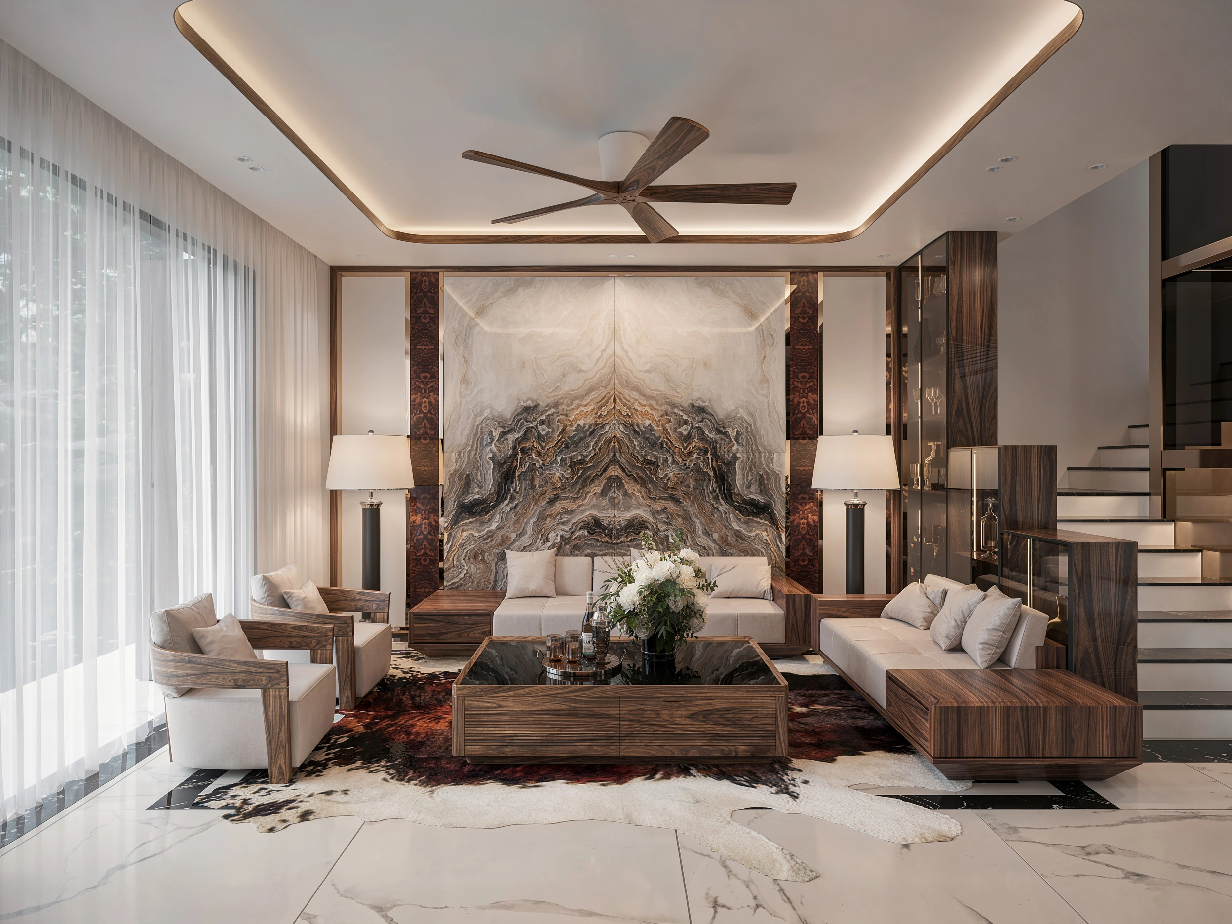 Hệ lồng thang máy kính xuyên thấu bao quanh bởi nội thất gỗ óc chó cao cấp Fluxhome
