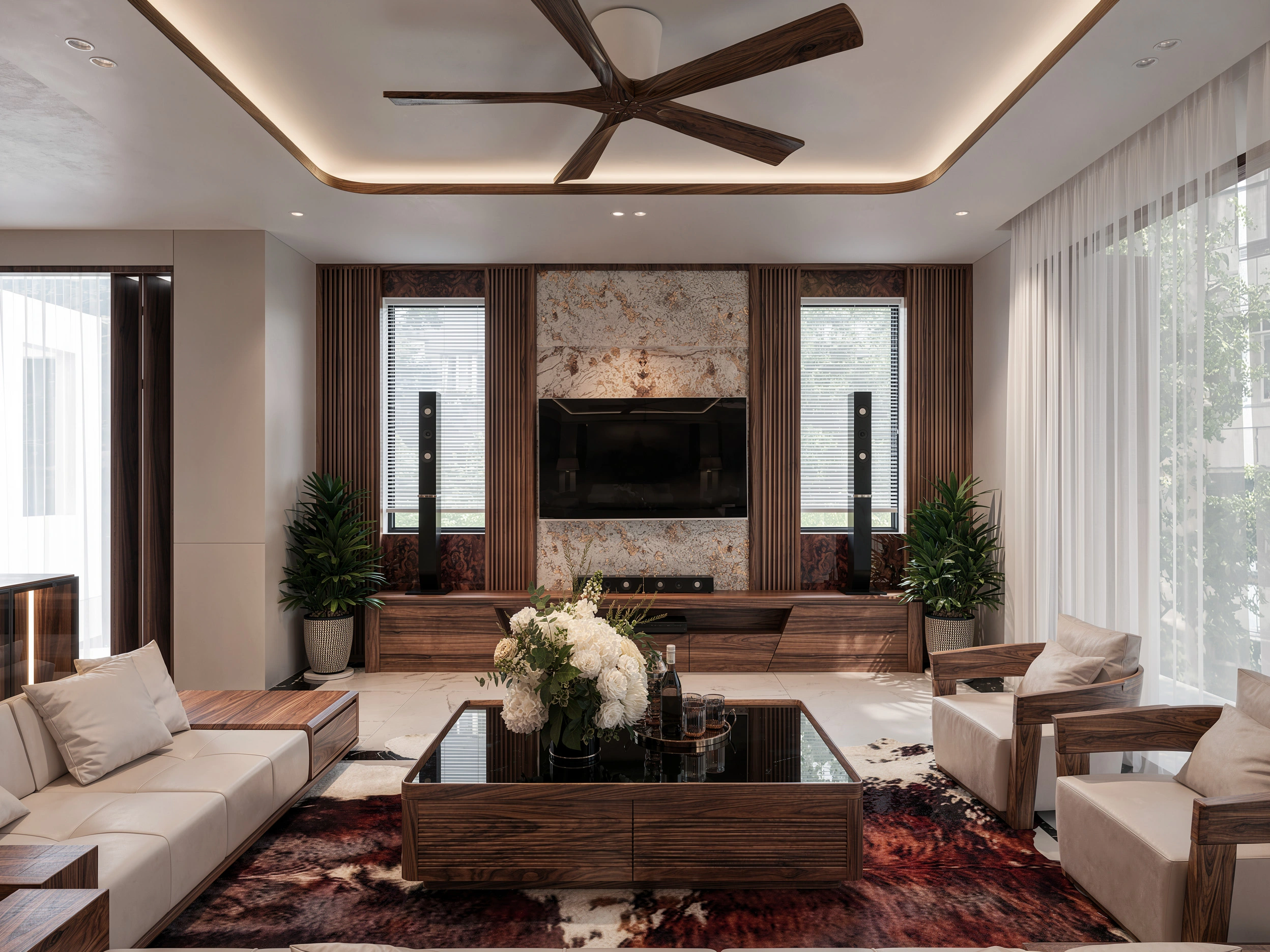Bộ ghế sofa bằng gỗ óc chó tự nhiên nhập khẩu sang trọng trong phòng khách PK07
