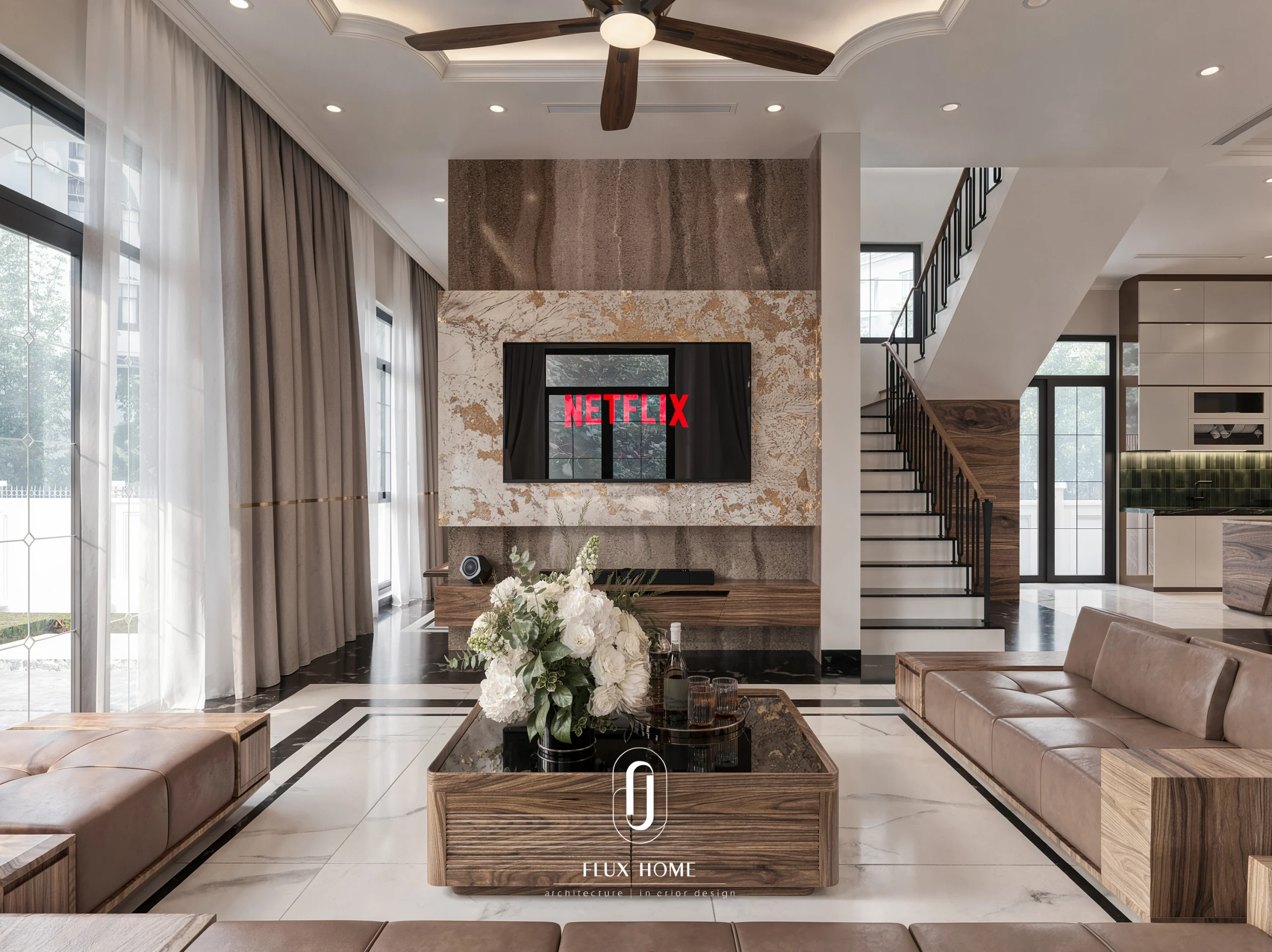Mẫu thiết kế phòng khách biệt thự phong cách hiện đại thanh lịch mã số PK09 từ Fluxhome