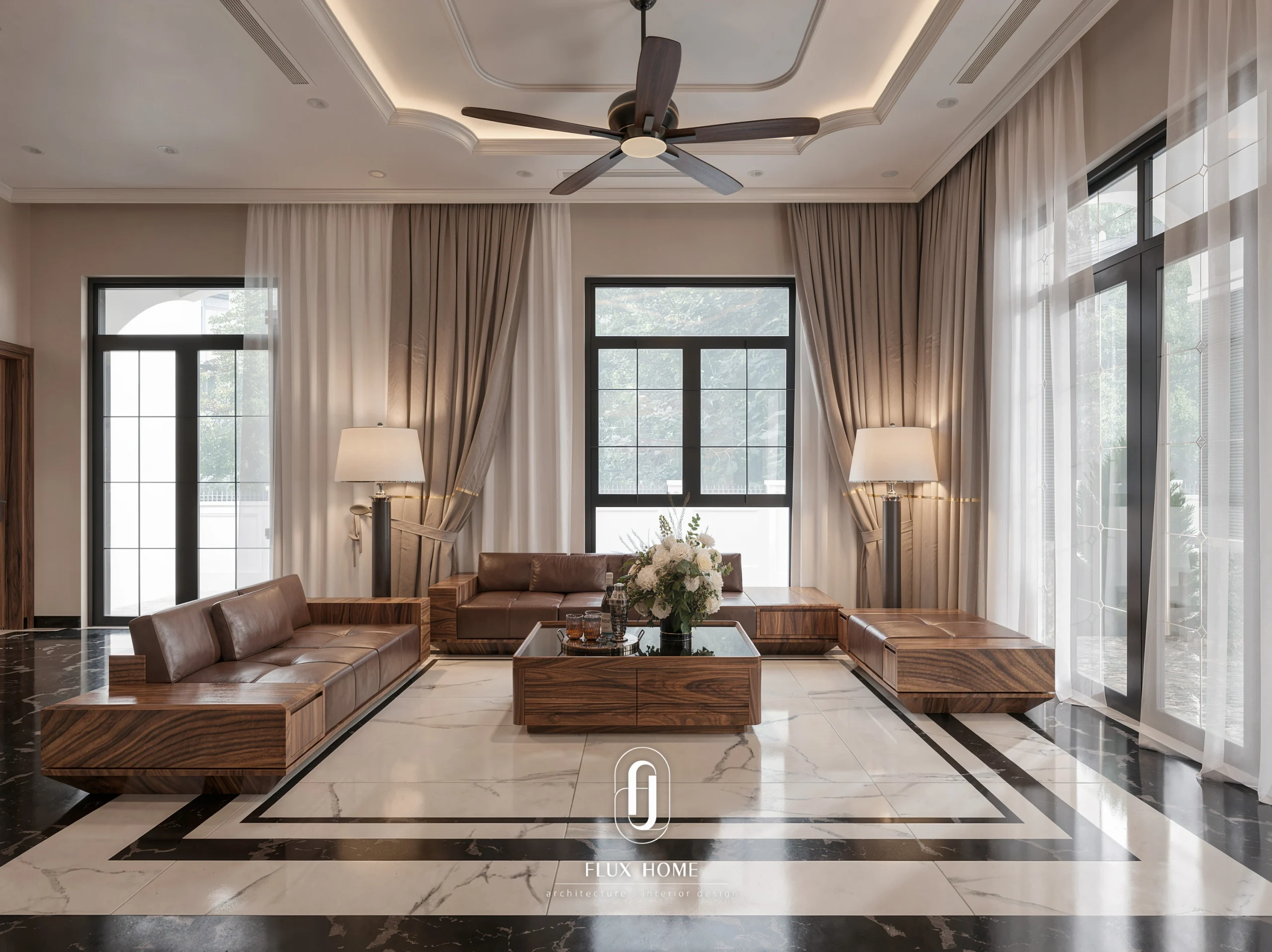 Bộ sofa cao cấp bọc nỉ màu trung tính trong phòng khách biệt thự Fluxhome