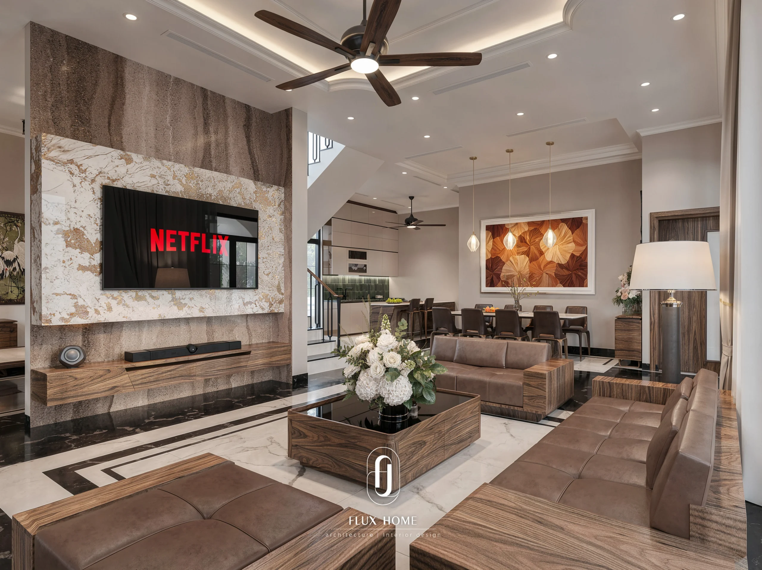 Hệ vách ốp tường và tủ trang trí tone màu gỗ nhẹ nhàng ấm cúng do Fluxhome thi công