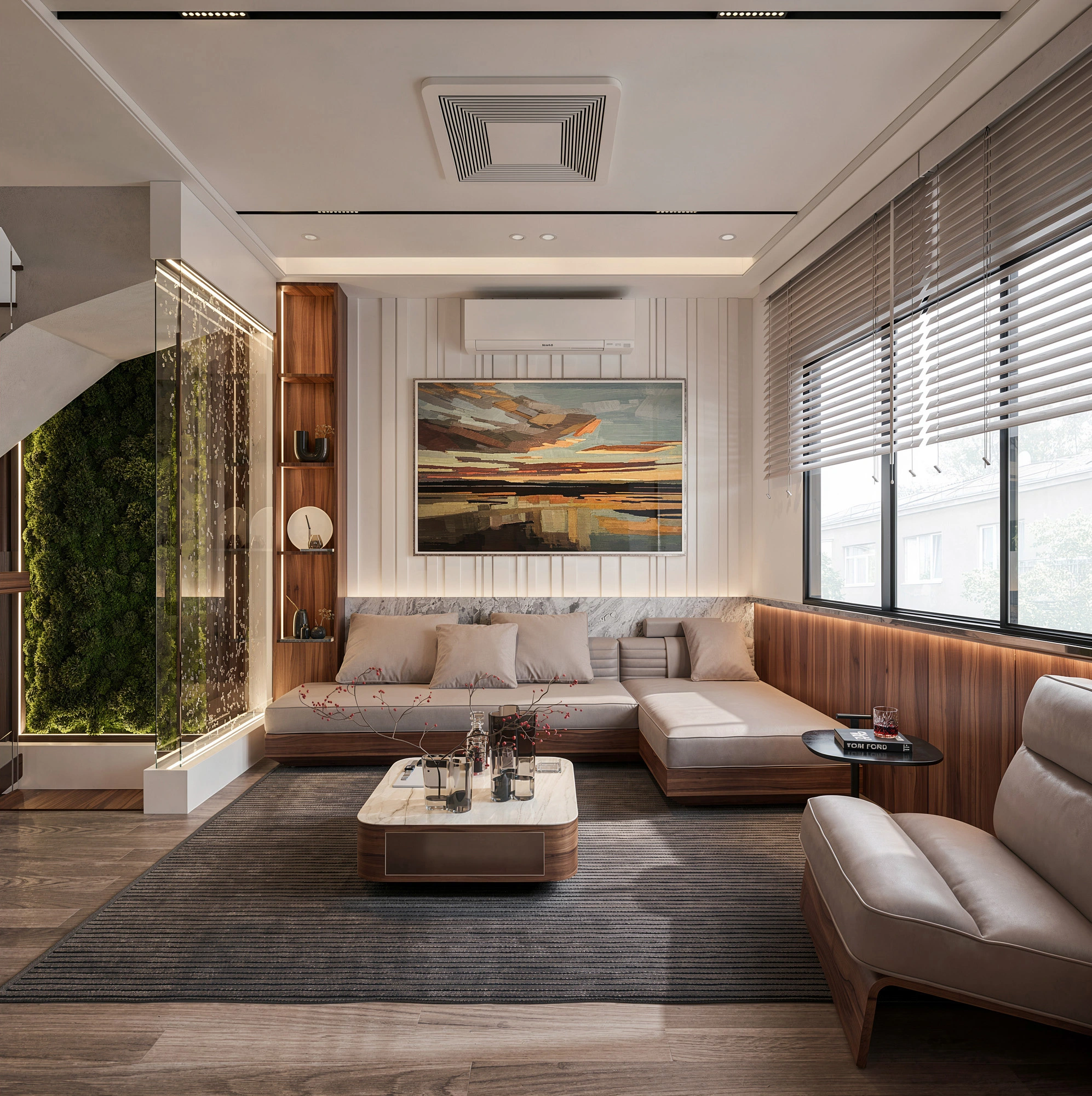 Bố trí sofa chữ I và bàn trà đôi tối ưu diện tích cho phòng khách nhỏ Fluxhome