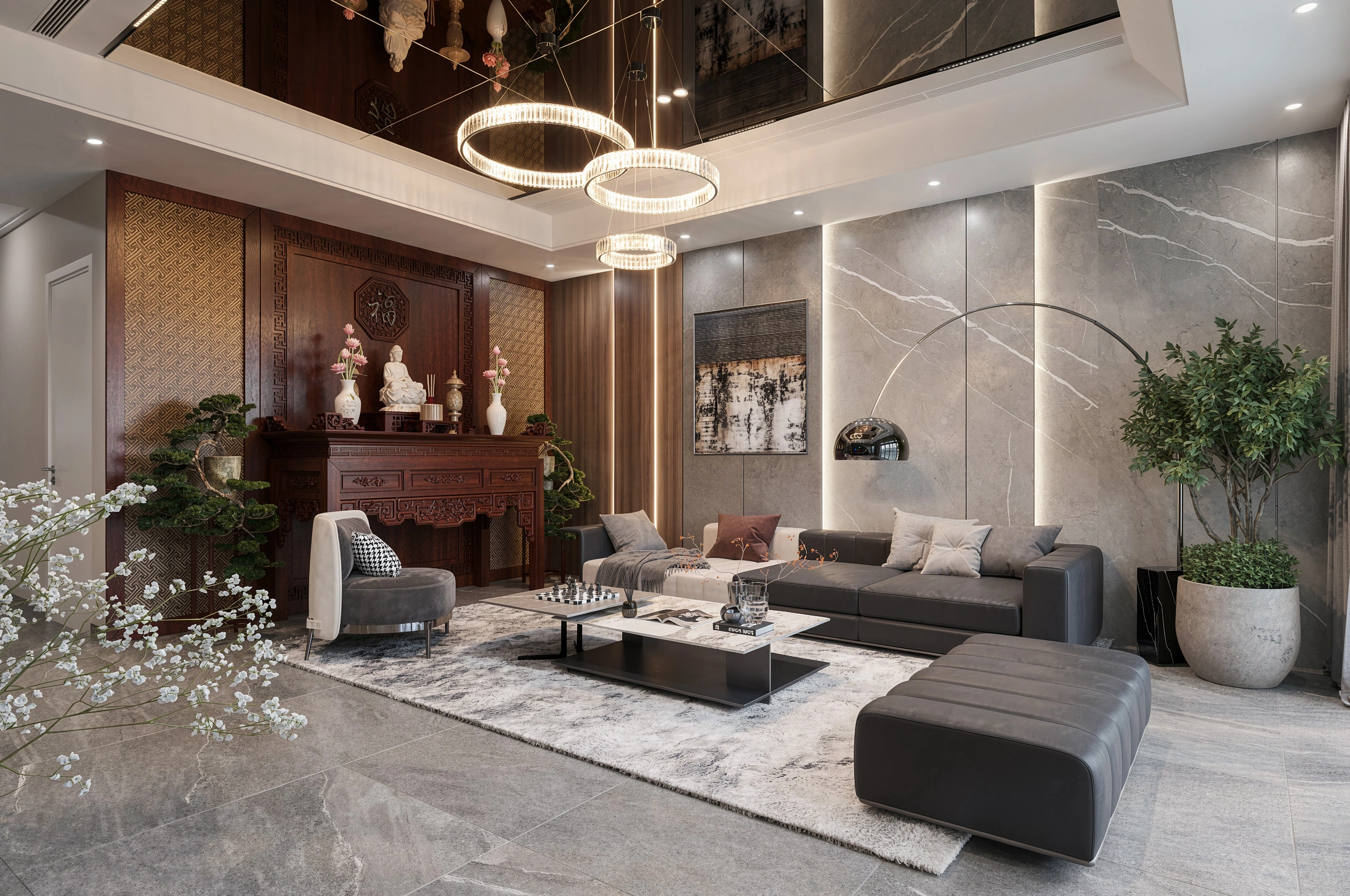 Mẫu thiết kế phòng khách nhà ống cầu thang dọc nhà hiện đại sang trọng mã số PK12 của Fluxhome