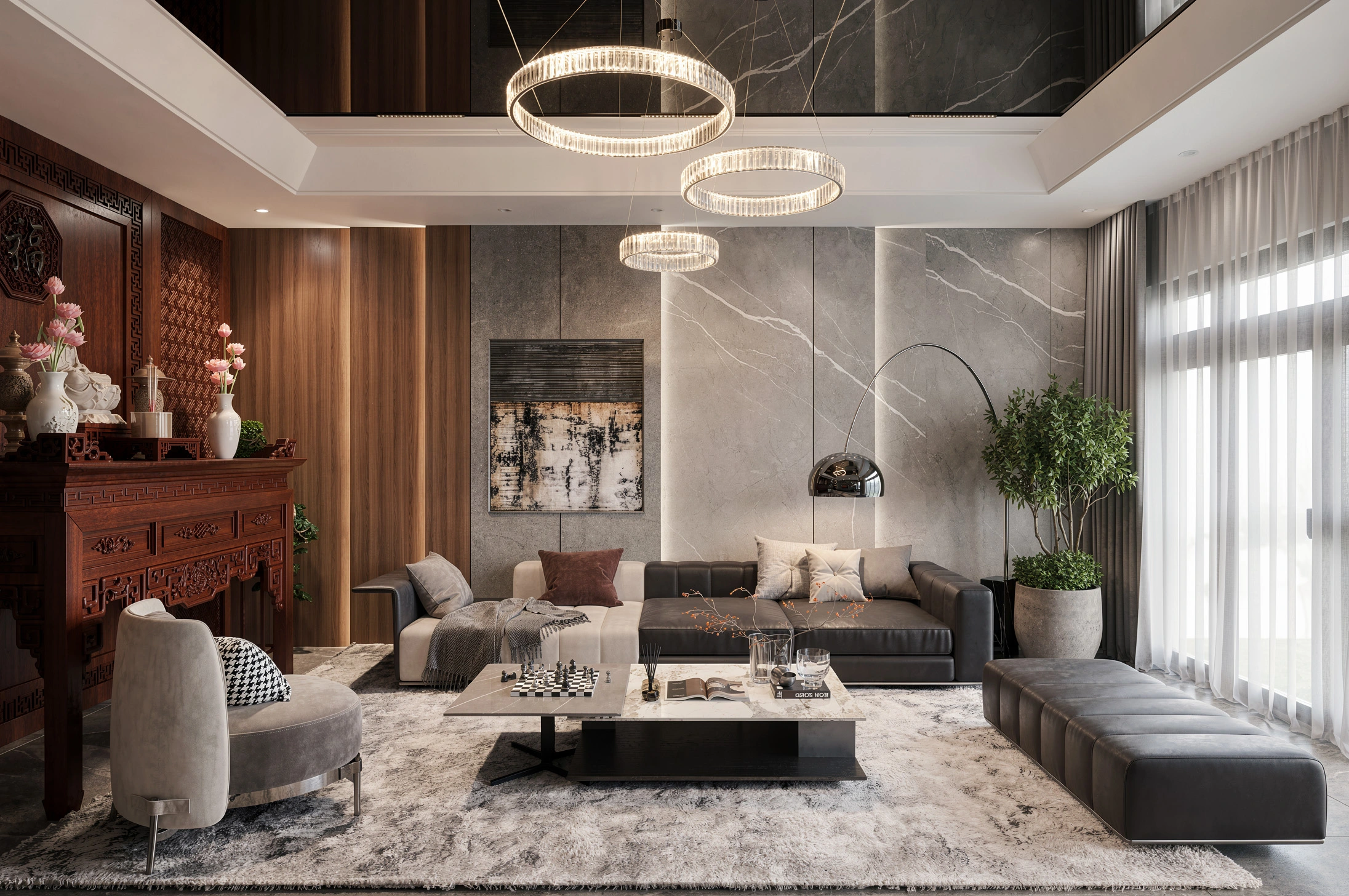 Bố trí nội thất sofa và tủ trang trí gọn gàng tinh tế cho nhà ống từ Fluxhome
