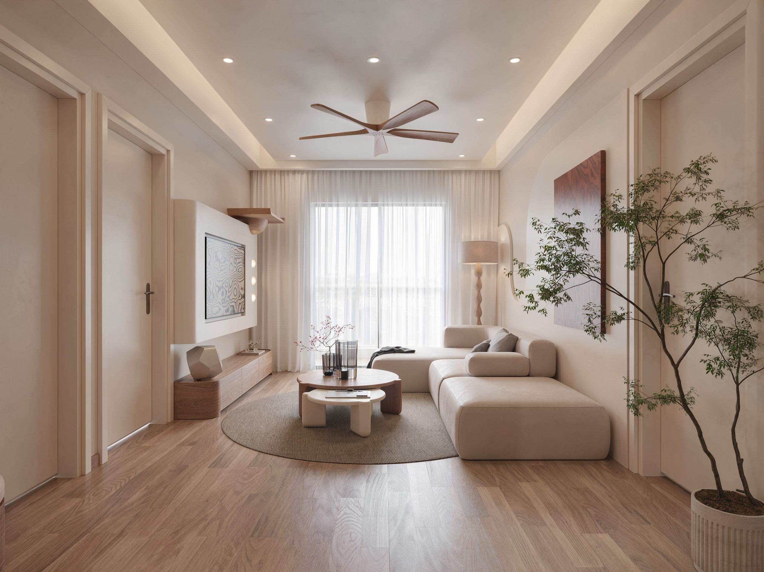 Hệ thống trần thạch cao và vách tường uốn cong mượt mà tinh tế tại phòng khách Fluxhome