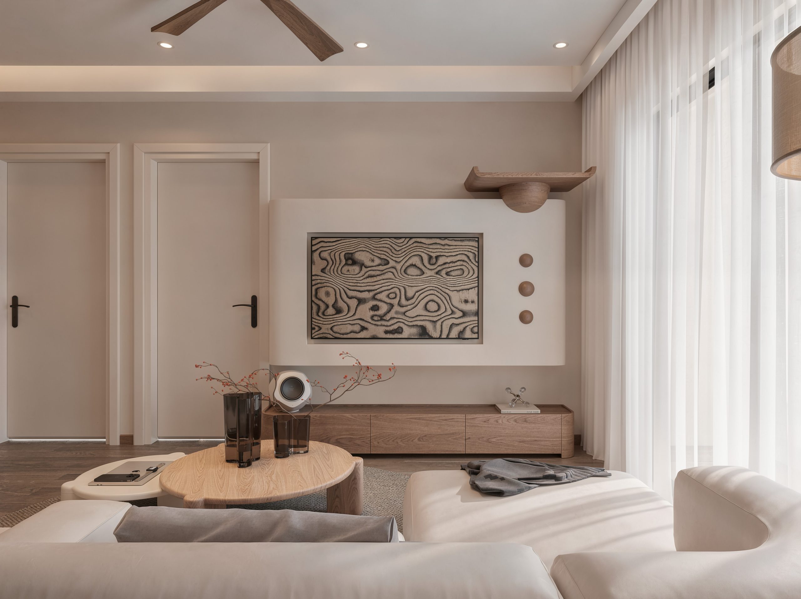 Hệ tủ kệ trang trí bo góc tích hợp đèn LED nghệ thuật do Fluxhome chế tác