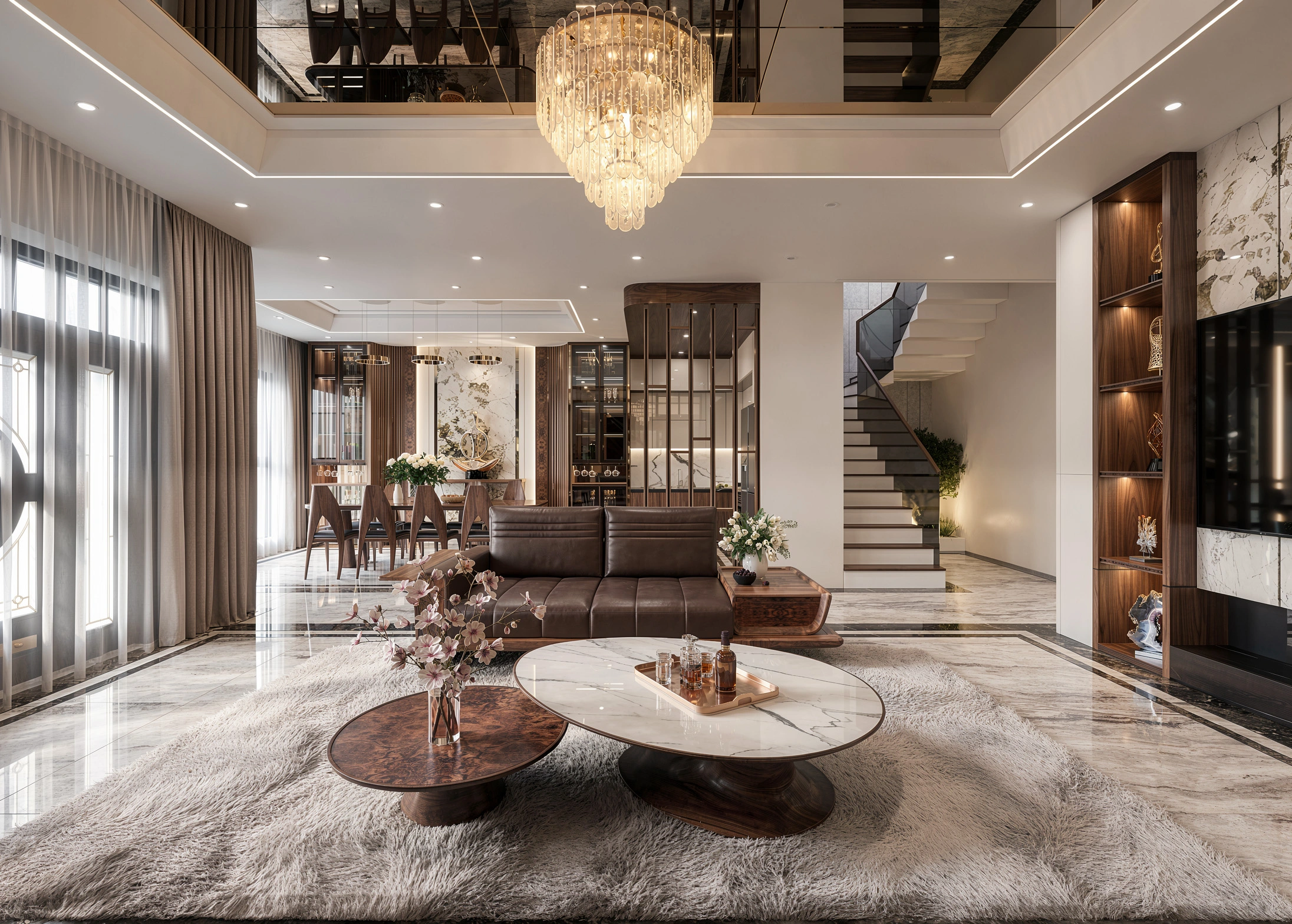 Bộ sofa gỗ óc chó tự nhiên nhập khẩu kết hợp đệm da cao cấp tại Fluxhome