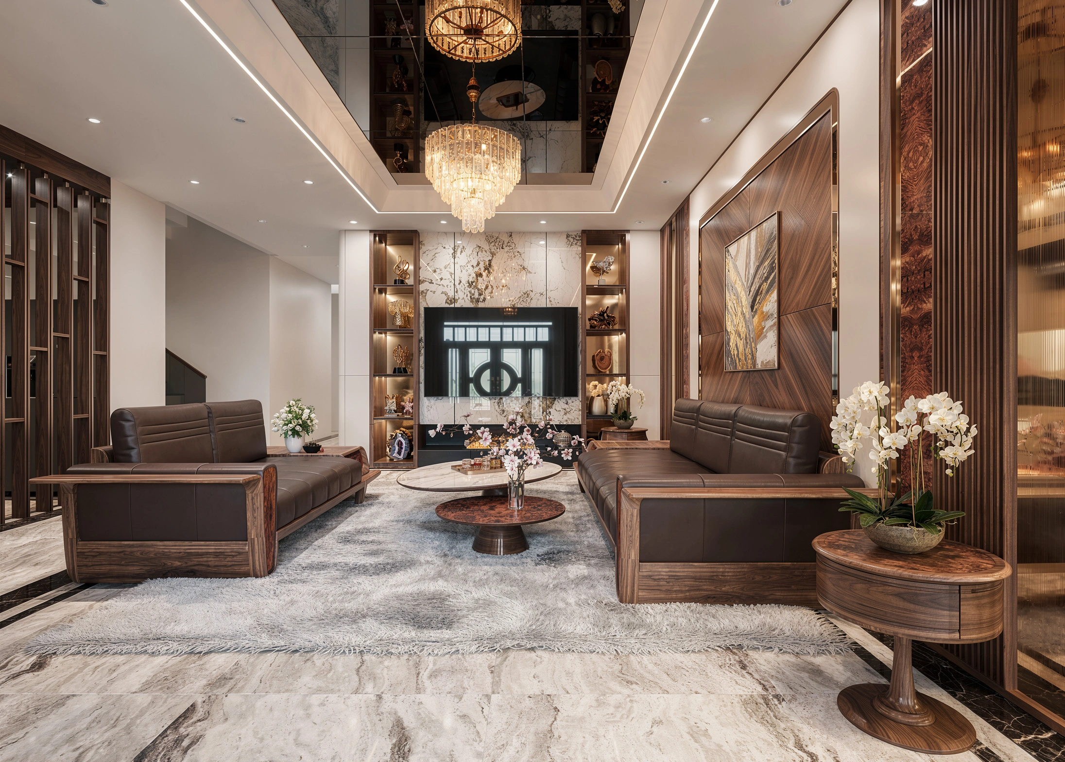 Hệ vách tivi và tủ rượu trang trí bằng gỗ óc chó tinh xảo do Fluxhome thi công