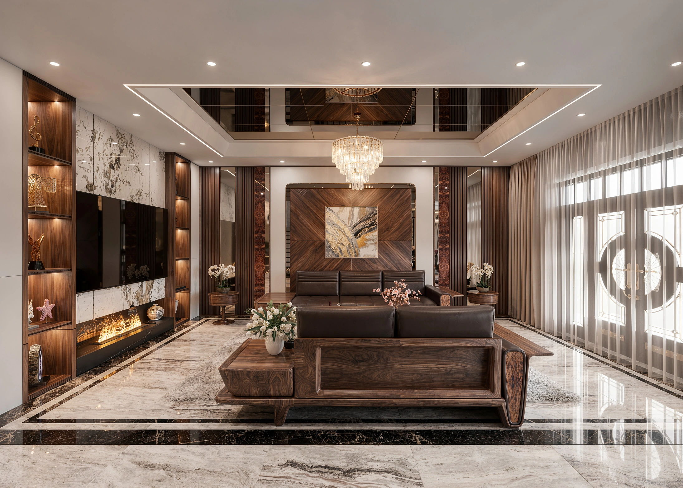 Fluxhome chuyên thiết kế và thi công trọn gói nội thất phòng khách gỗ óc chó uy tín