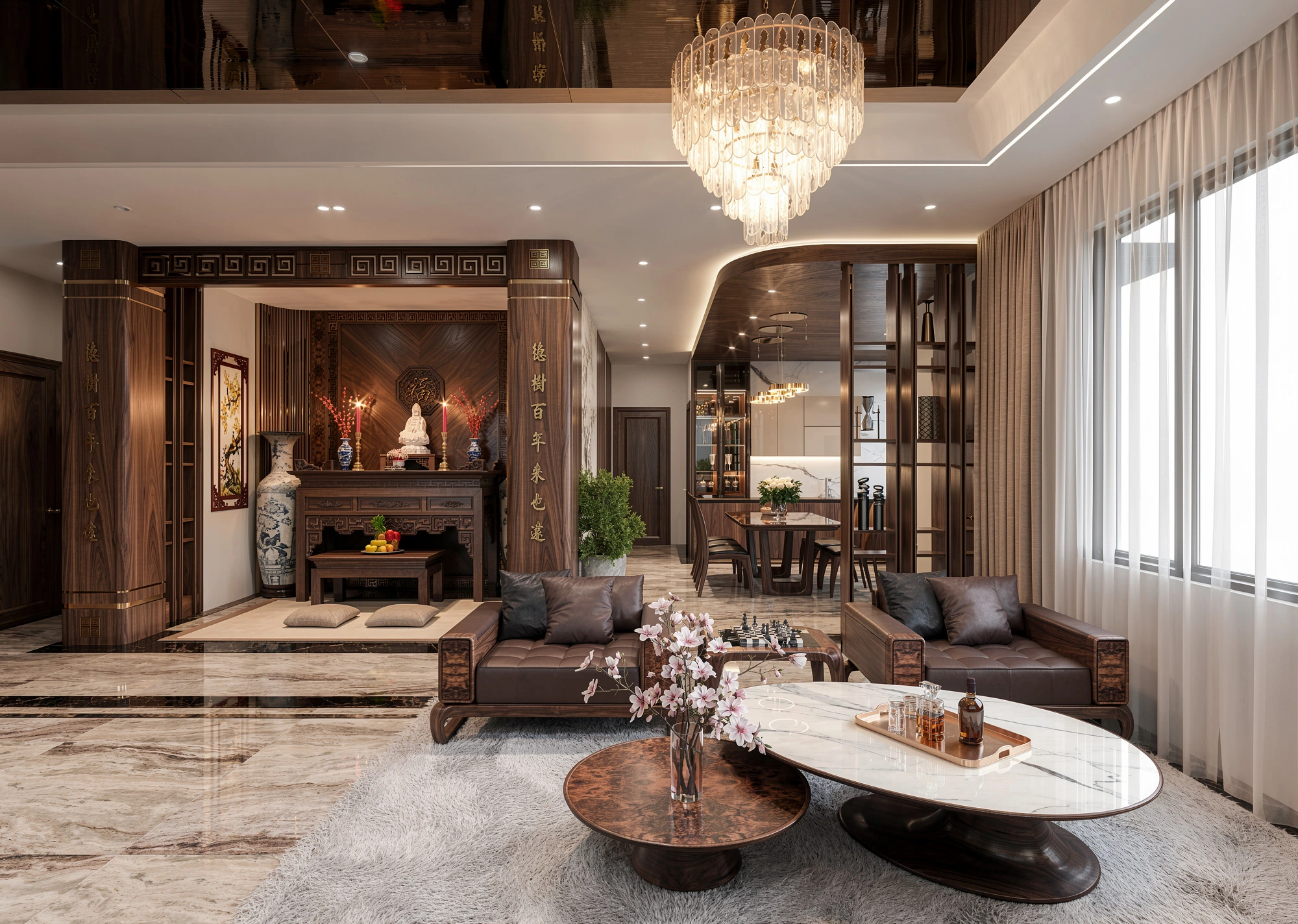 Nội thất sofa gỗ óc chó tự nhiên với đường vân tinh xảo trong phòng khách PK19 của Fluxhome