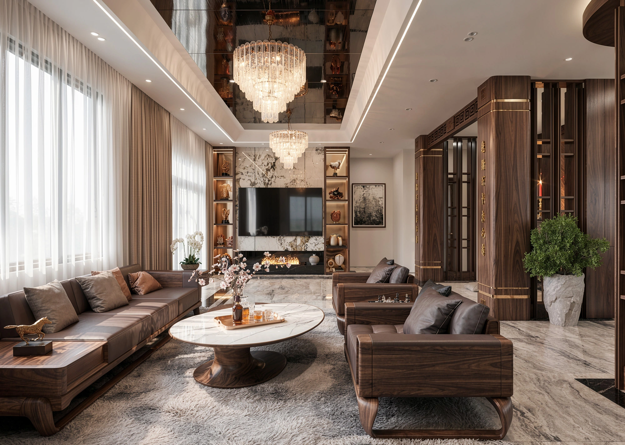 Fluxhome chuyên thiết kế và thi công trọn gói phòng khách gỗ óc chó cao cấp uy tín