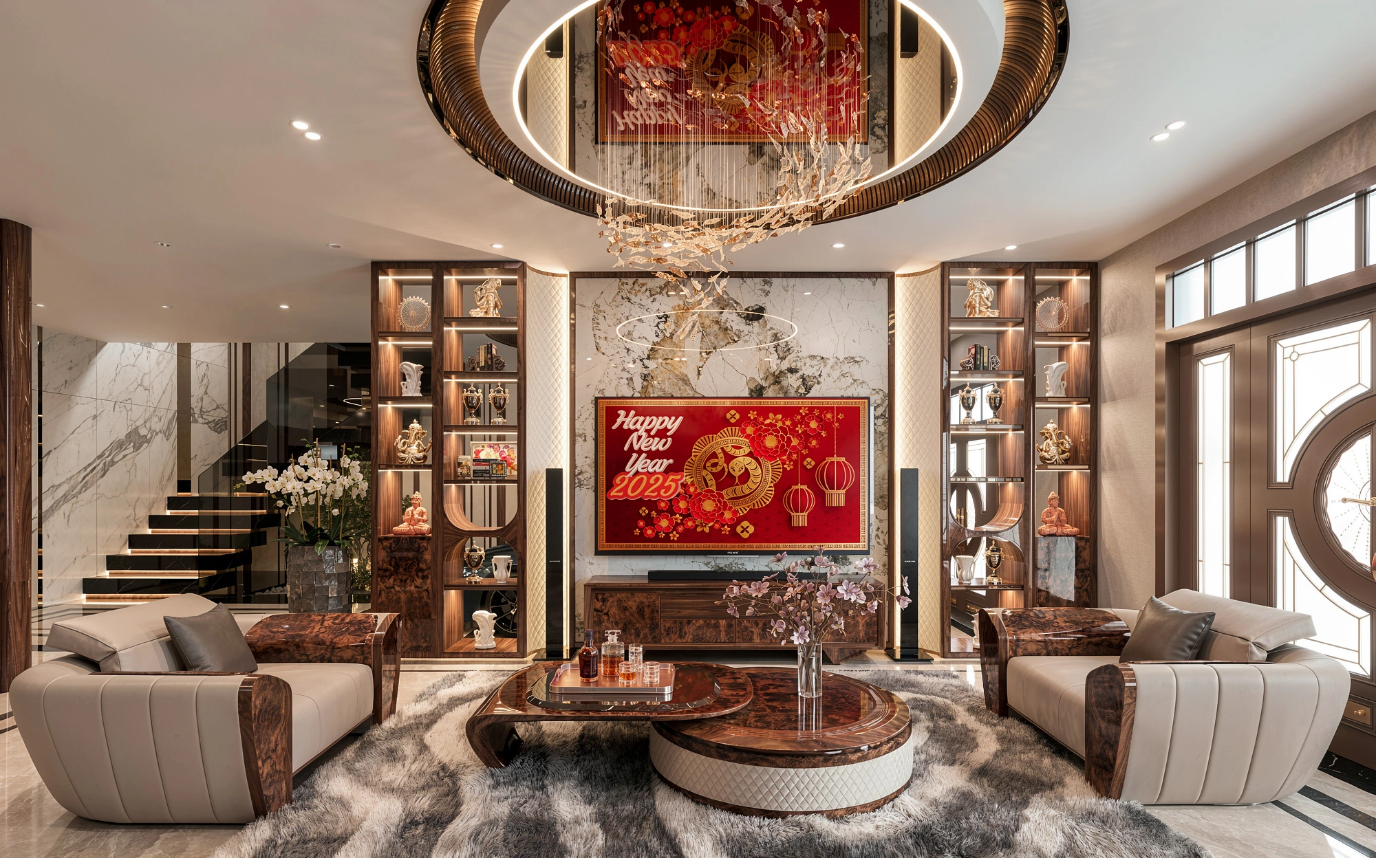 Mẫu thiết kế phòng khách Luxury từ gỗ óc chó cao cấp mã số PK20 do Fluxhome kiến tạo