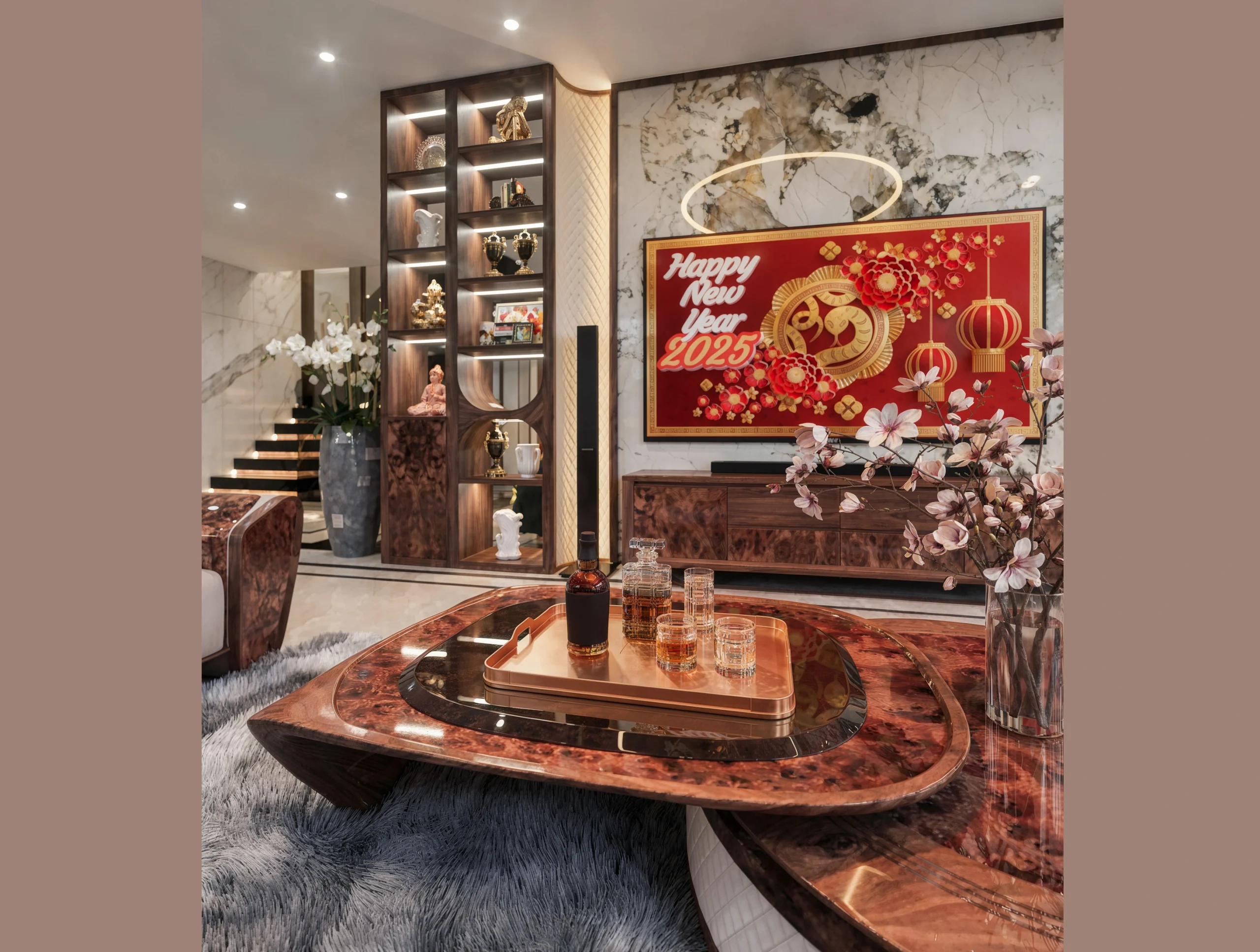 Bộ sofa gỗ óc chó nhập khẩu bọc da thượng hạng trong không gian phòng khách Fluxhome